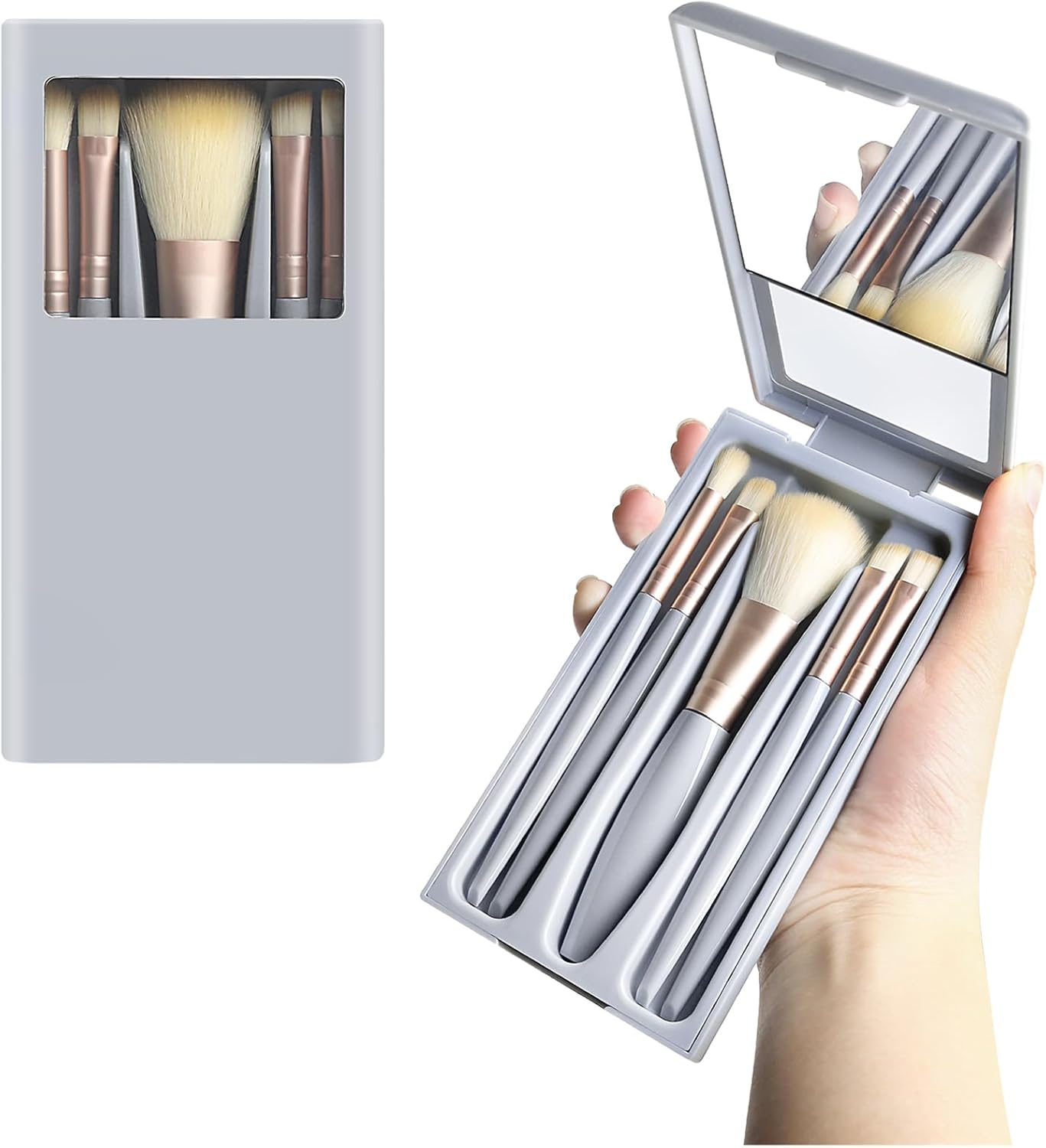 Reizen make-up borstel set, 5 stuks mini-borstels met spiegel, draagbaar (blauw)