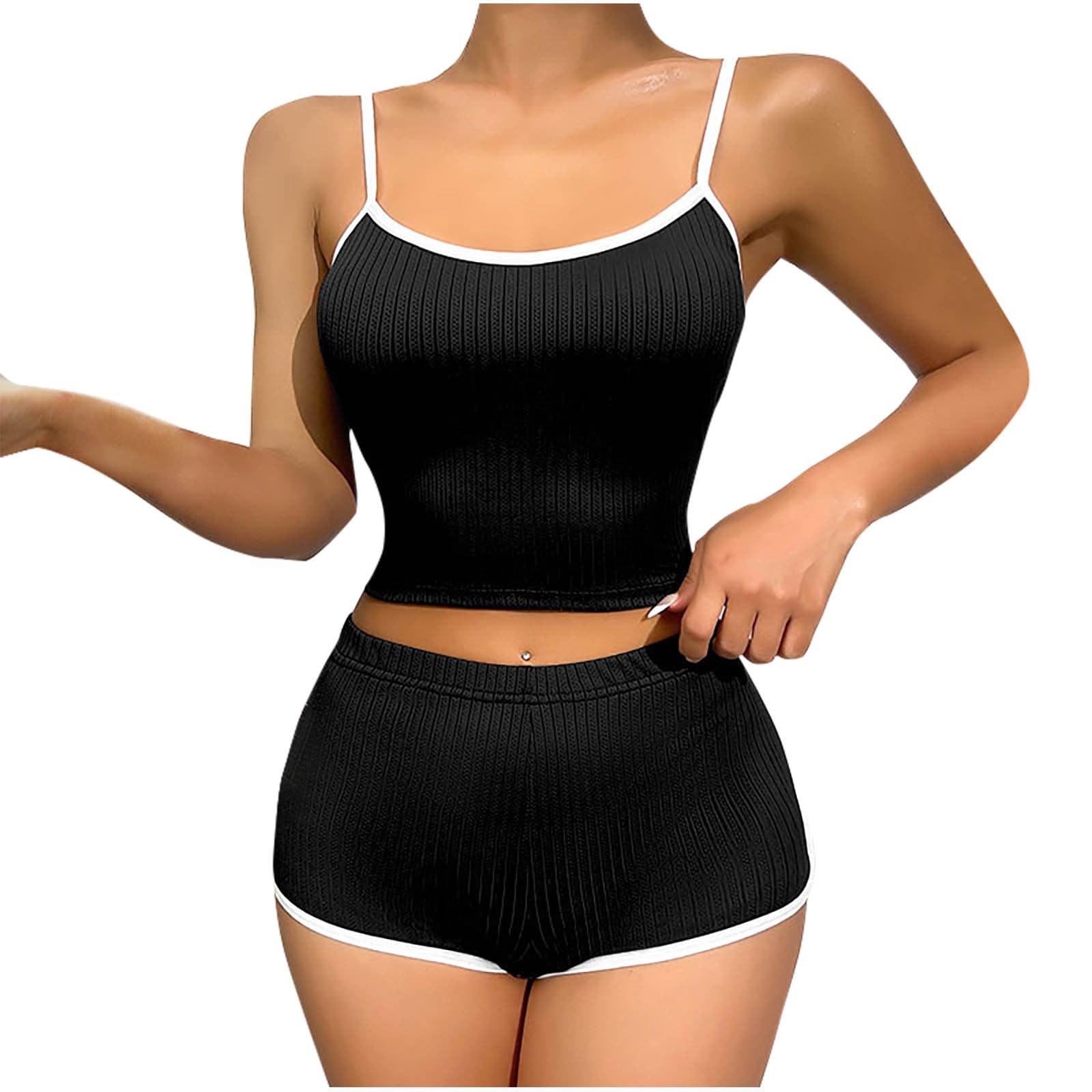 Sweatsuits Women 2 Piece Outfit Crop Cami Shorts Pajama Sets Ribbed Knit Pajamas Sexy Lounge Sets Sleepwear