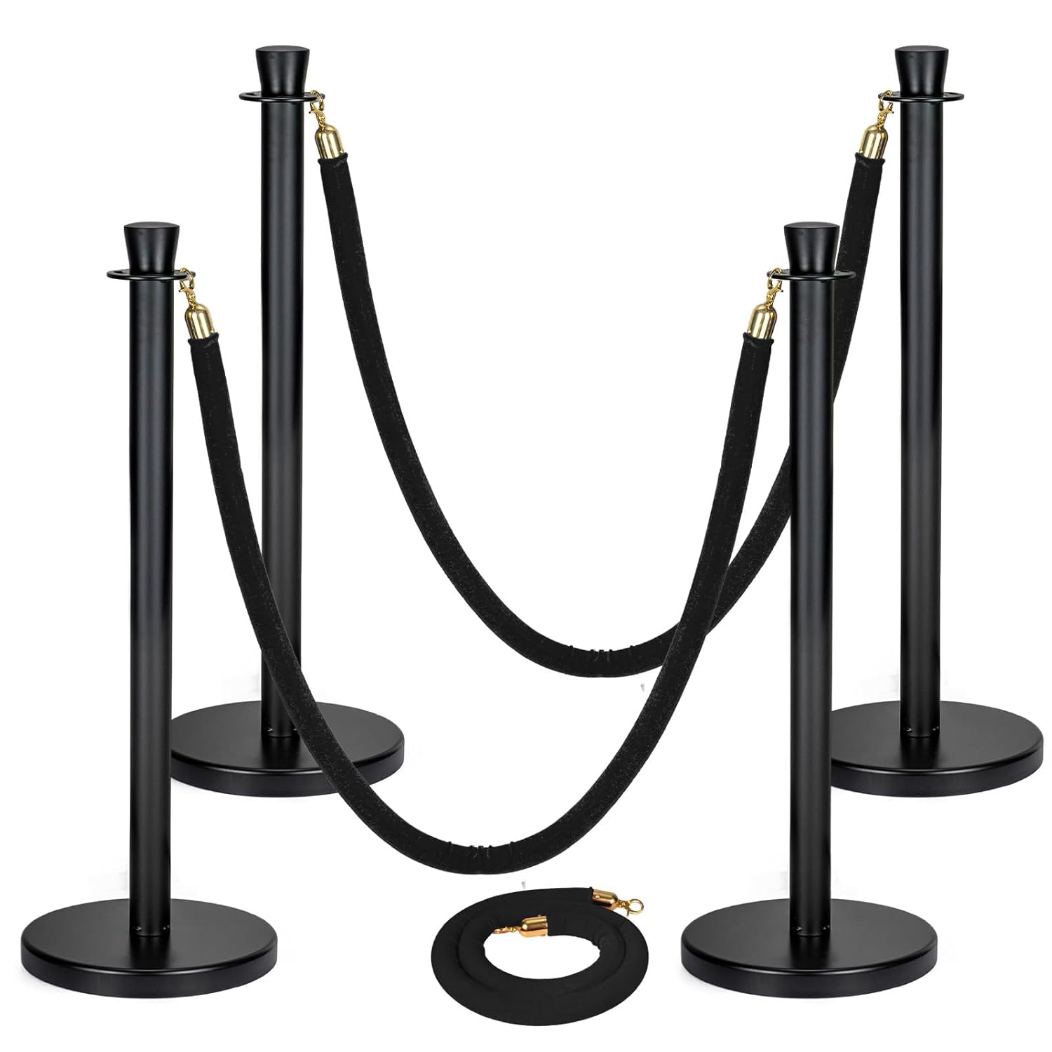 4 Pack Black Stainless Steel Stanchion Post and 3 Pack 5 FT Black Velvet Ropes and Stanchion Poles Set Crowd Control Barriers with Fillable Base Used for Party Wedding Theaters Red Carpet