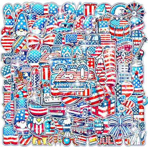 100Pcs 4th of July Theme Waterproof Vinyl Glitter Holographic Stickers Patriotic Independence Day & Party Favors Decorations for Water Bottle Bumper Car Laptop Skateboard