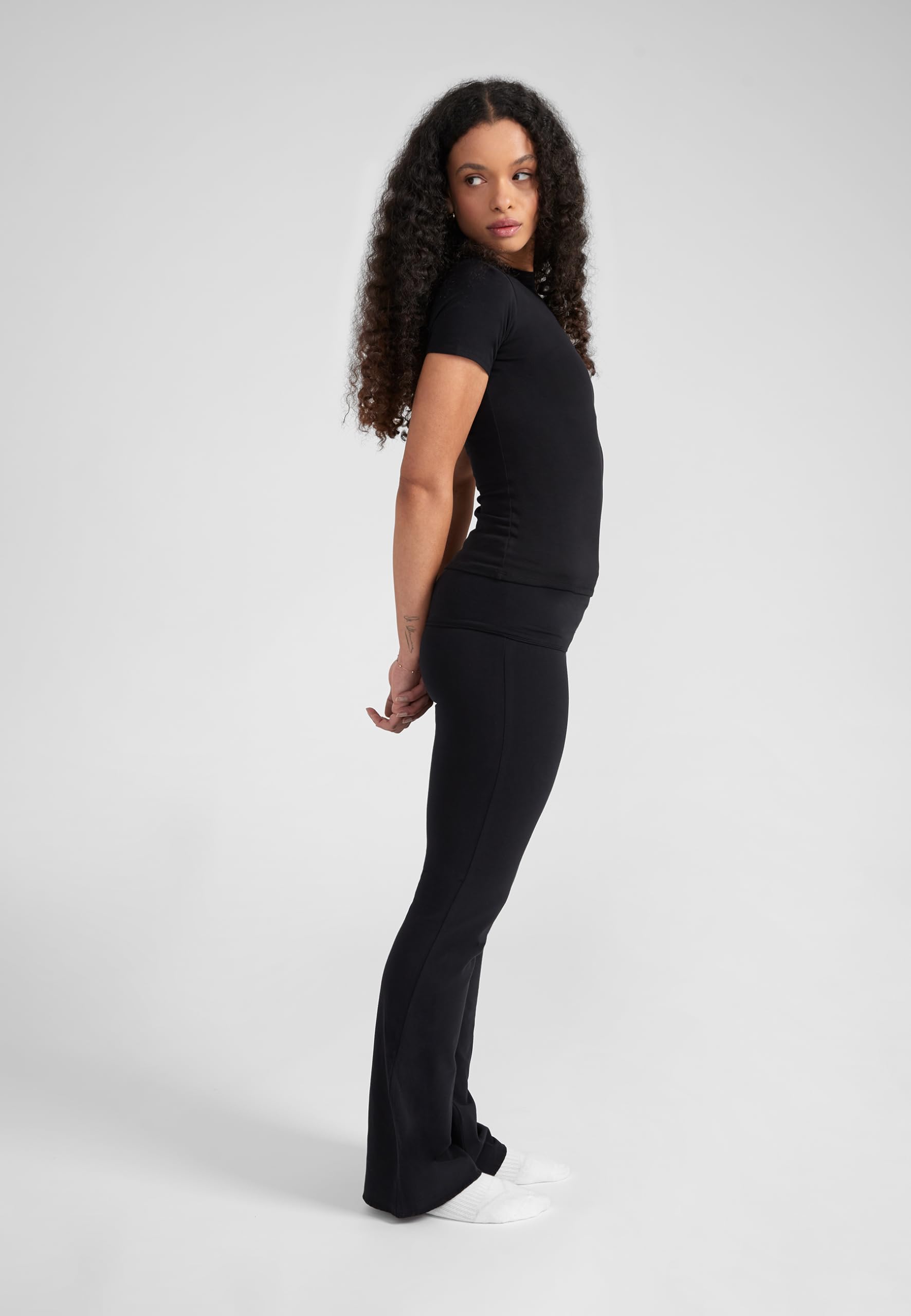 Style & Republic Legging évasé pour femme en coton doux - Pantalon de yoga à rabat - Style bootcut - Jambes larges - Pantalon évasé