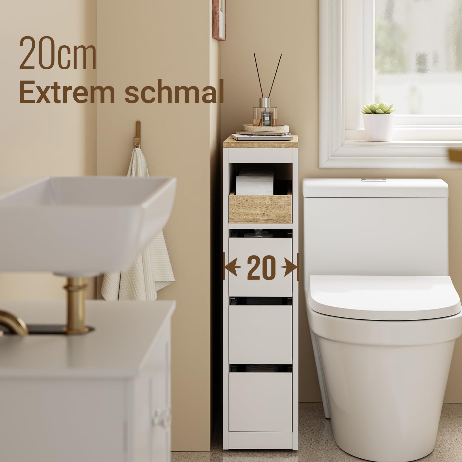 SoBuy Badezimmerschrank mit Rollen, 20 cm Schmaler Nischenschrank mit 3 Schubladen, Kompakte Badregal aus Holz, Beweglicher toilettenschrank für kleine WC en Küche, Weiß, 60x20x82,3cm, BZR54-K-W