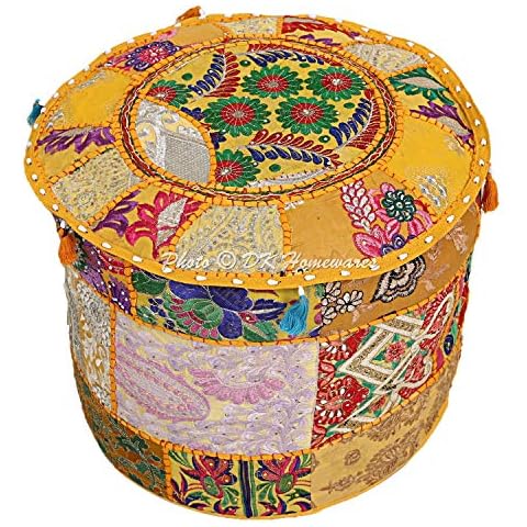 DK Homewares Vintage Indian Mango Yellow Footrest Pouffe Cover Hassock Embroidered Home Decor Bean Bag Colourful Seat Floral Patchwork Ottoman Footstool Cover (16X16X13 Inches / 40 Cm) Cover