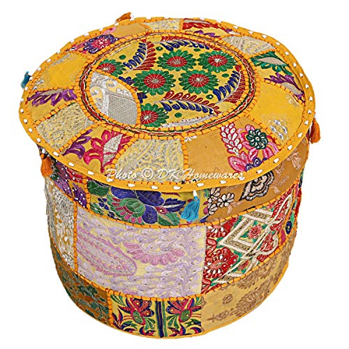 DK Homewares Indian Vintage Patchwork Pouf Ottoman Cover Mango Yellow Round Bean Bag Decorative Tuffet Cotton Embroidered Pouffe Footstool Floral Traditional 16x16x13 - COVER ONLY