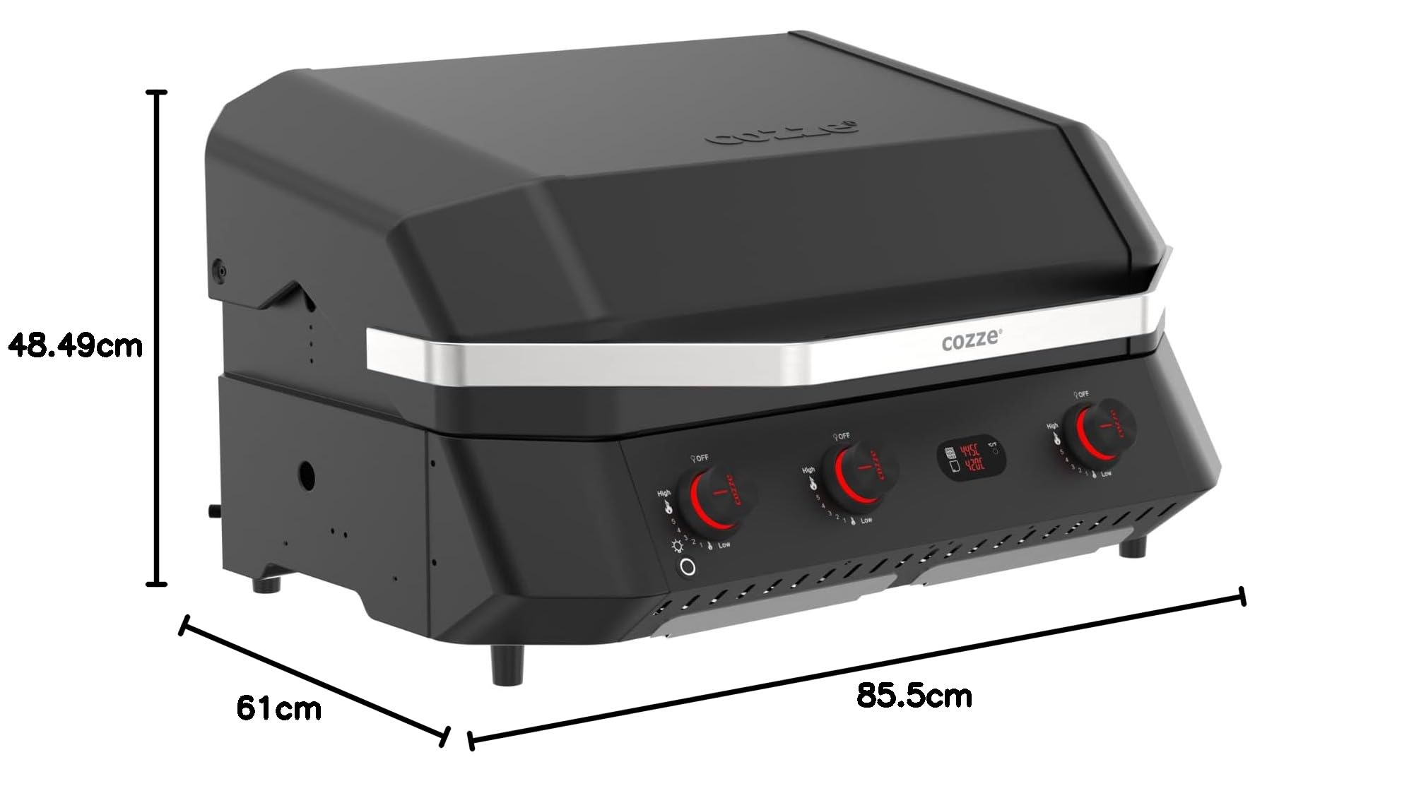Cozze® G-800 COMBO Plancha-Grill – 3 Brûleurs – 9,5 kW – Grill + Plancha en Fonte Émaillée – 50mbar – Régulateur Inclus – Barbecue Gaz Haute Performance