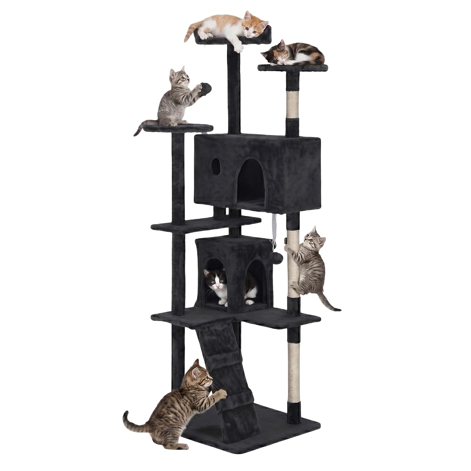 fdw | 70" cat tree tower | dark gray | multi-level indoor activity center with sisal scratching posts, condos, plush perches, hanging cat toys | sturdy, easy to assemble | for kittens & adult cats