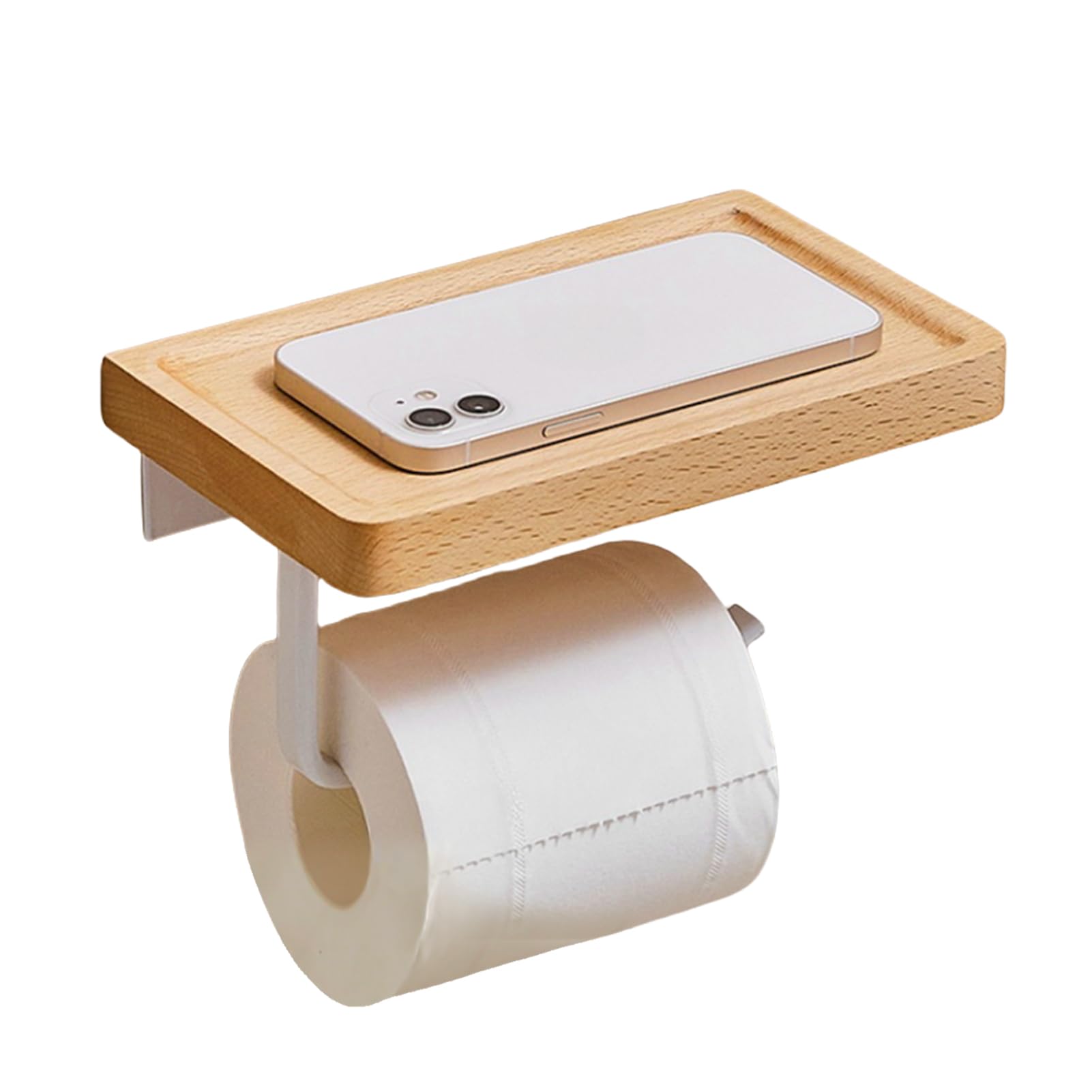 Toilettenpapierhalter zur Wandmontage, mit Kleber und Schrauben, stilvoller Taschentuch-Organizer aus Holz mit Ablage, Edelstahl-Papierrollenspender für Badezimmer (A, Weiß)