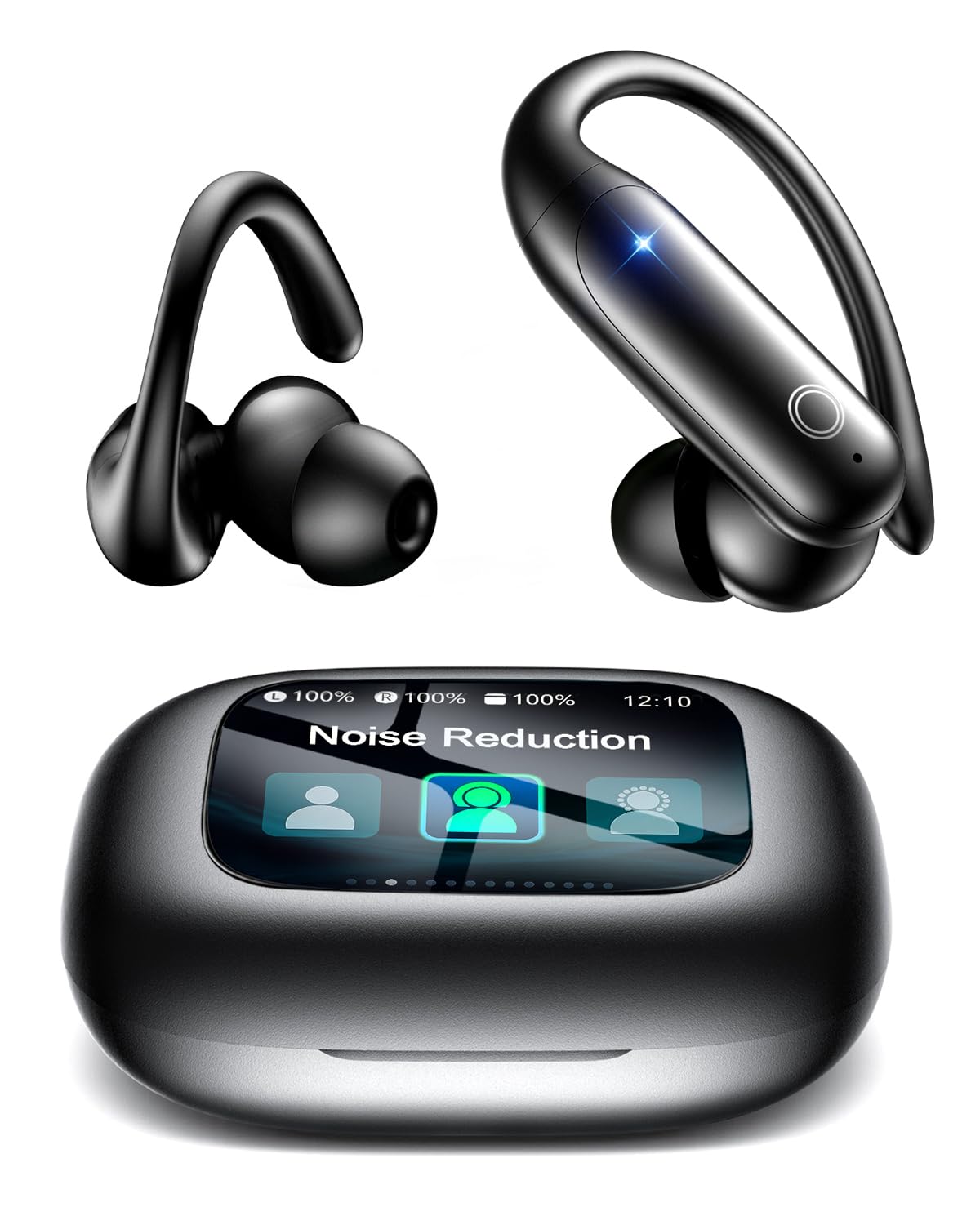 LEEMC Auricolari wireless, Bluetooth 6.0, con touch screen, ANC ENC con cancellazione del rumore, bassi 40H, suono stereo over-ear per iOS, Android, sport, allenamento, ossidiana