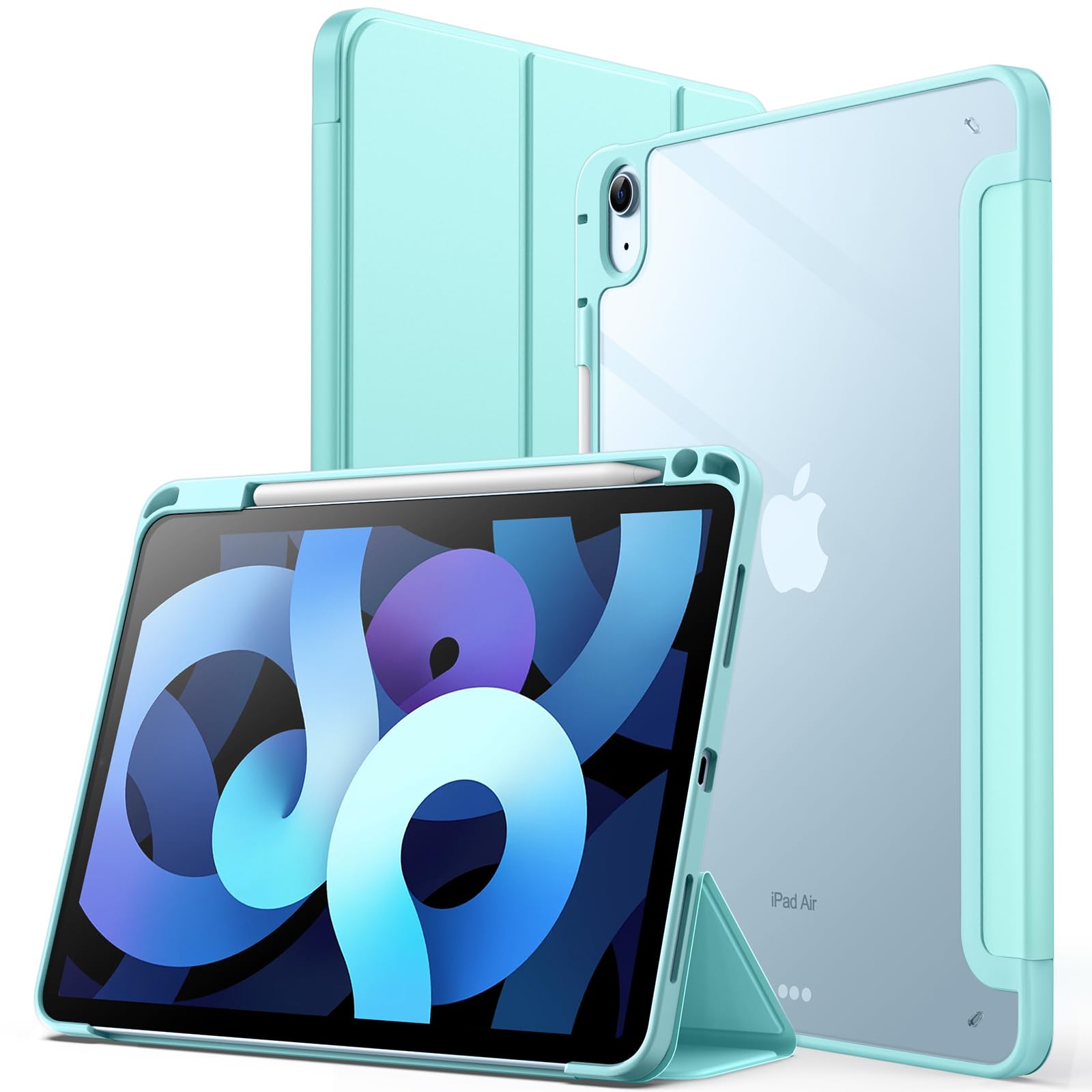 JETech Case for iPad Air 11-Inch M3/M2 (2025/2024), iPad Air 5/4 (2022/2020 5th/4th) with Pencil Holder, Clear Transparent Back Slim Stand Shockproof Tablet Cover, Auto Wake/Sleep (Mint Blue)