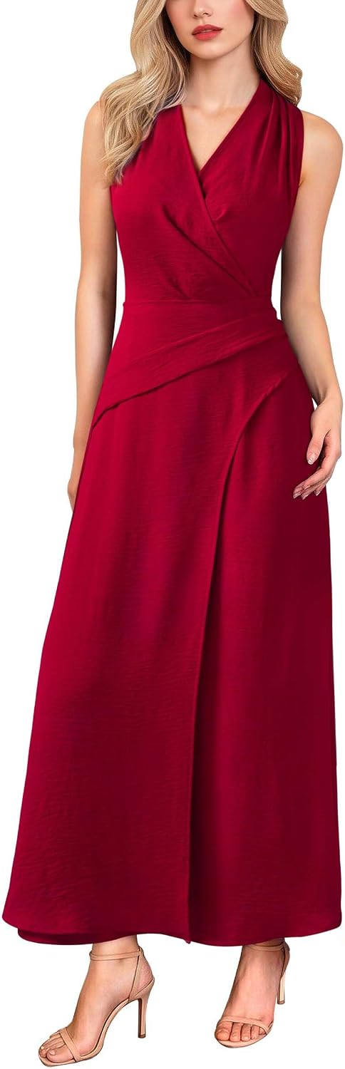 VFSHOW Womens Elegant Cocktail Wedding Guest Long Dress 2026 Smocked V Neck Sleeveless Pocket Tie Waist A Line Dress