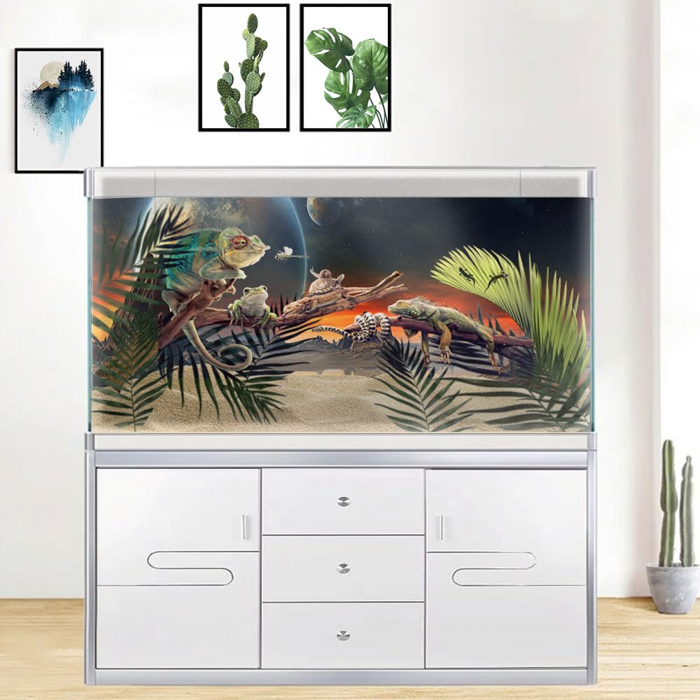 48X24IN Cosmic Aquarium Background, Cool Parallel Space Themed Fish Tank Background, Tropical Desert Terrarium Background with 8 EVA Double-Sided Tape