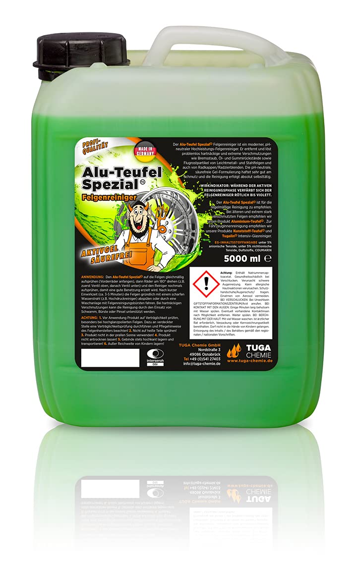detailmate Juego de Limpieza de Llantas: Tuga Chemie ALU-Teufel Limpiador Llantas 1L + Tuga Chemie ALU-Teufel 5L + Juego de Limpiador Llantas Shiny Wheels con paño y Guante Lavado + paño Microfibra