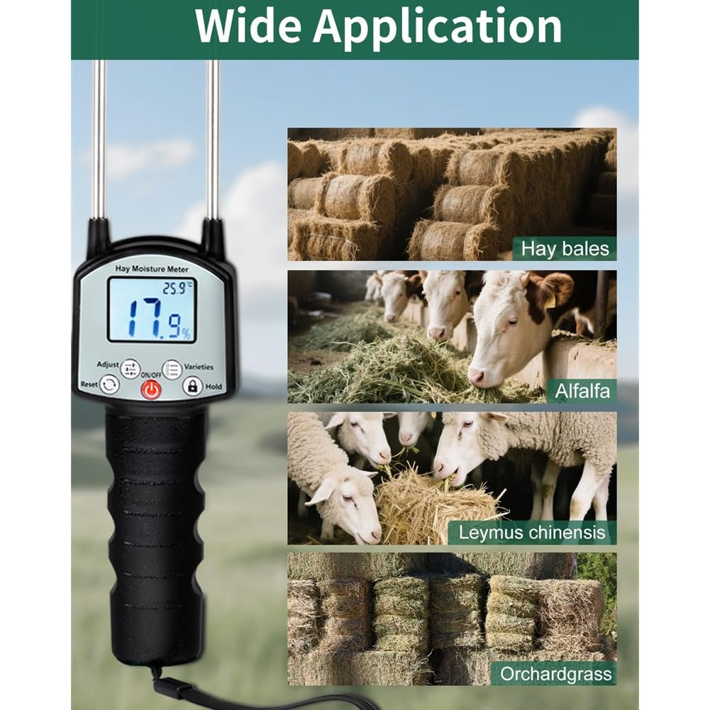 Medidor de Humedad de Heno con Sonda Doble. Medidor de Humedad de Forraje con Compensación Automática de Temperatura para Alfalfa y Pacas.
