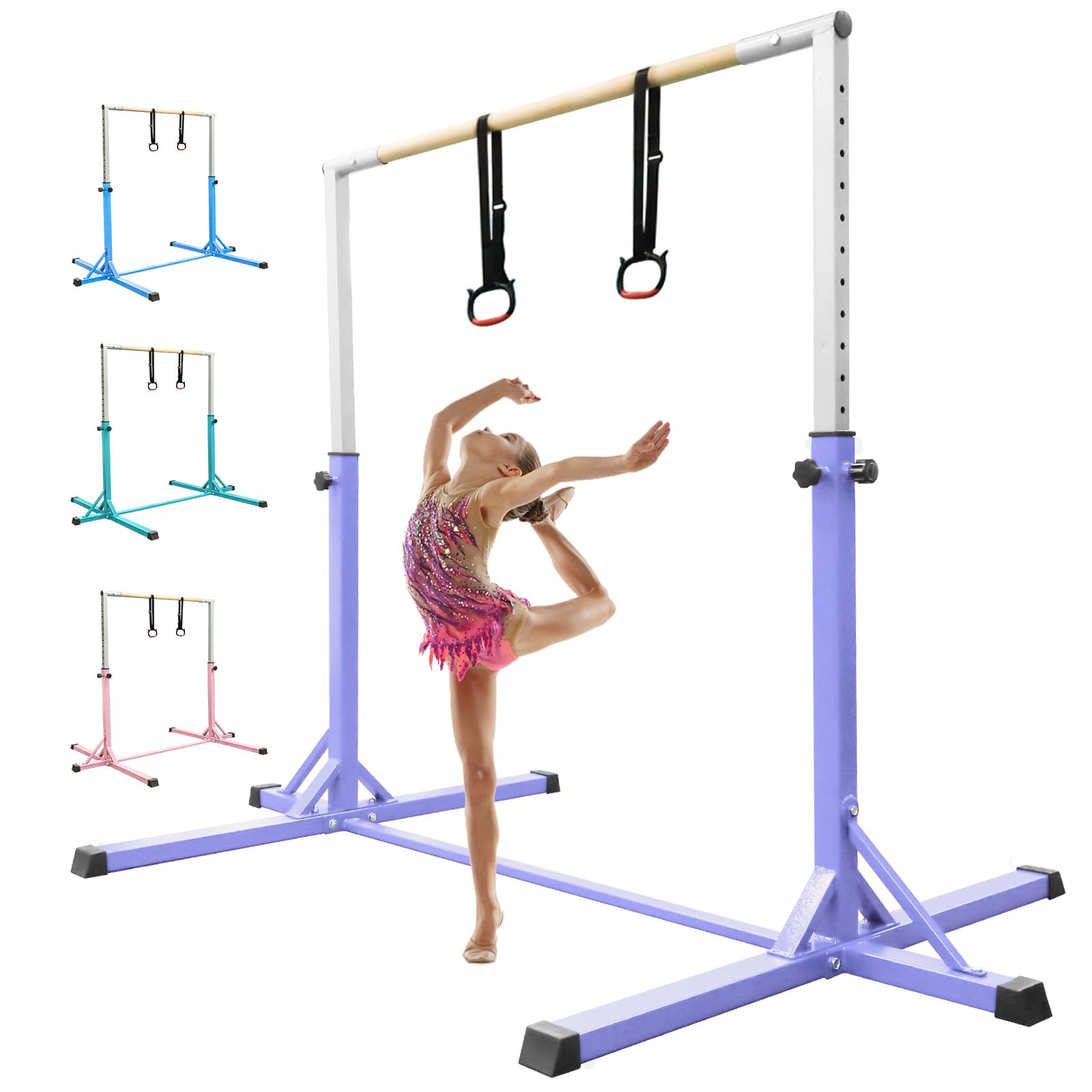 FBSPORT Barra de Gimnasia para Niños Barra Horizontal de Gimnasia con 13 Altura Ajustable de Barra de Entrenamiento con Anillos de Gimnasia Barra de Entrenamiento de Gimnasia expandible Junior Morado