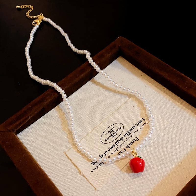 Red Apple Pearl Choker Necklace For Women Gold Sweet Adorrable Pearls Beaded Clavicle Chain Necklaces Lovely Handmade Green Leaf Pendant Fresh Cute Tropical Fruit Charm Summer Holiday Jewelry Gifts - Image 3