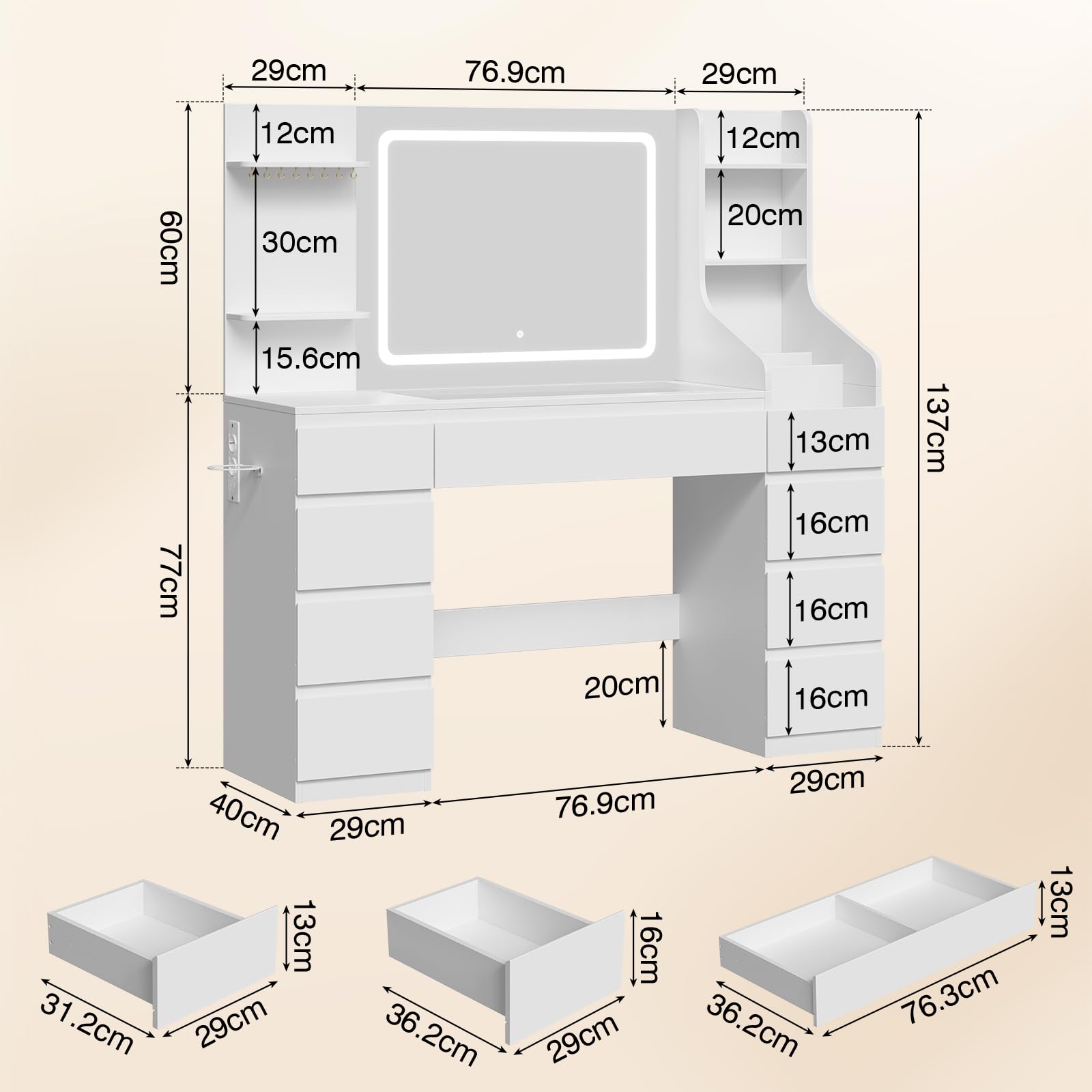 TRIUMPHKEY Schminktisch mit Spiegel und Beleuchtung, 135 cm Schminktisch Groß mit Steckdose, USB, Schubladen & Glasplatte – Weißer Vanity Tisch als Frisiertisch/Dressing Table für Schlafzimmer
