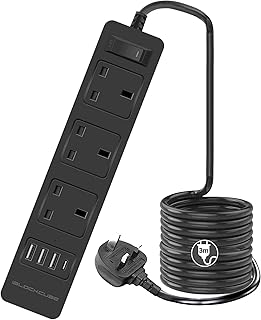 iBlockCube Extension Lead with Fast Charging USB C Slots | 3 Meter Cable Power Strip, 3 Way UK Socket and Plug | Smart Charging Station, Switched Fuse & Shutter Surge Protected, and Wall Mount (Black)