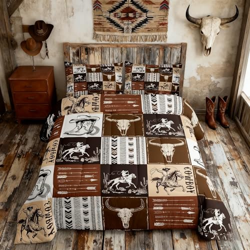 Cowboy Comforter Set Twin Size,Southwestern Aztec Country Horse Bedding Set 2pcs,Rustic Ranch Retro Animal Down Comforter,Brown Patchwork Farmhouse Bed Set for Kids Boys Teens,1 Pillowcase,No Sheets