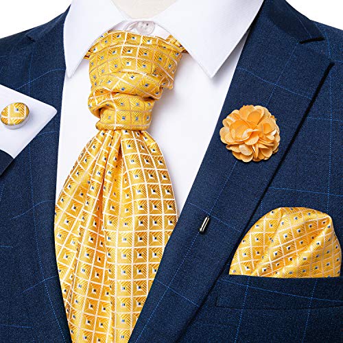 Image of DiBanGu Mens Silk Ascot Ties Paisley Jacquard Woven Cravat and Pocket Square Cufflinks with Lapel Pin for Business Wedding