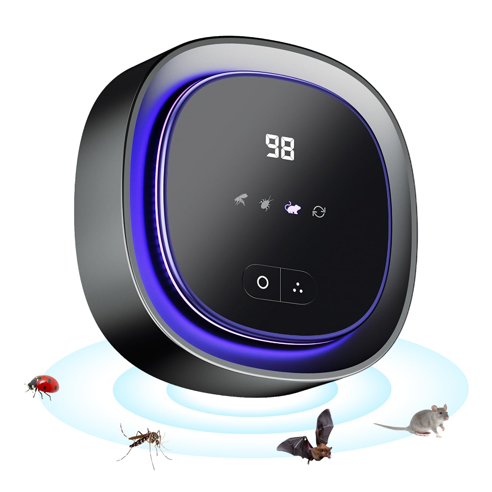 Repelente ultrasónico de ratones con luz estroboscópica LED, 360 °, repelente de mosquitos e insectos, 3 modos de trabajo, recargable 2000 mAh, defensa inalámbrica del ratón