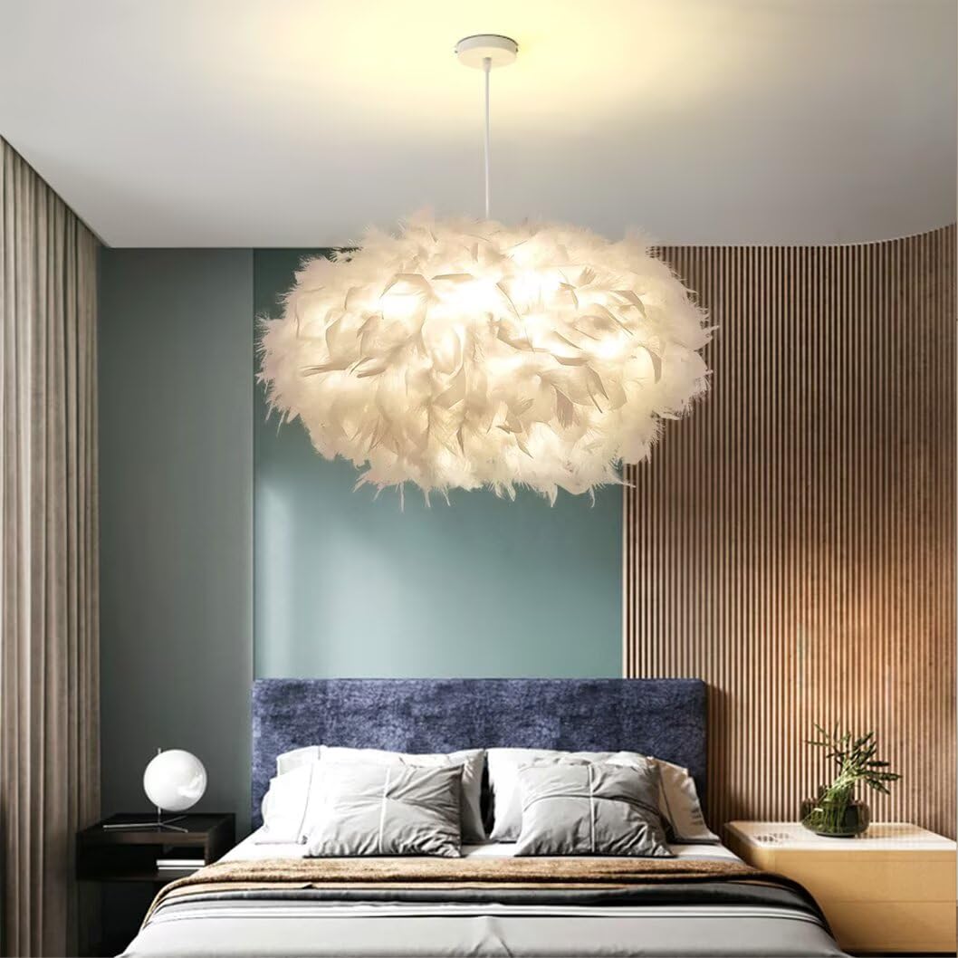 45 cm/17,8" Ellipsoïde Plume Blanche Suspension Abat-Jour en Plumes Plafonnier Lustre en Plumes pour Salon, Chambre à Coucher, Salle à Manger