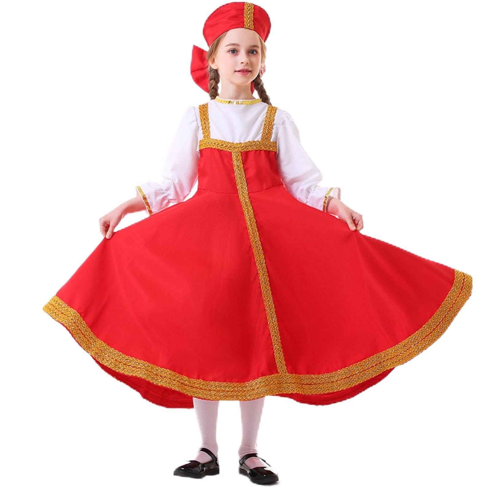 Kids Girls Traditional Dance Dress Performance Costume Outfits Puff Sleeve Pleated (Red, 6-8 Years)