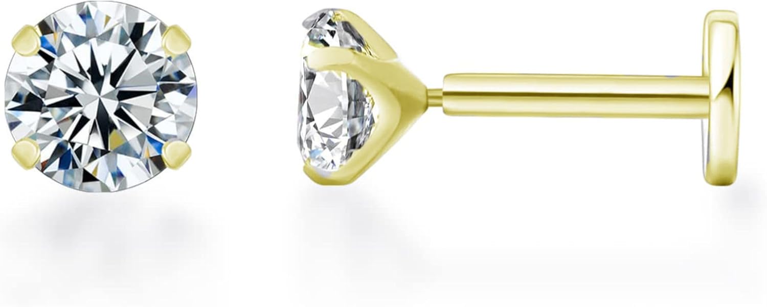 Solitaire Flat Back Stud Earrings by Ginger Lyne for Cartilage Helix Tragus – 4K Yellow or White Gold over Sterling Silver Body Jewelry with 5A CZ – 3mm or 5mm Stones – 6mm or 8mm Post