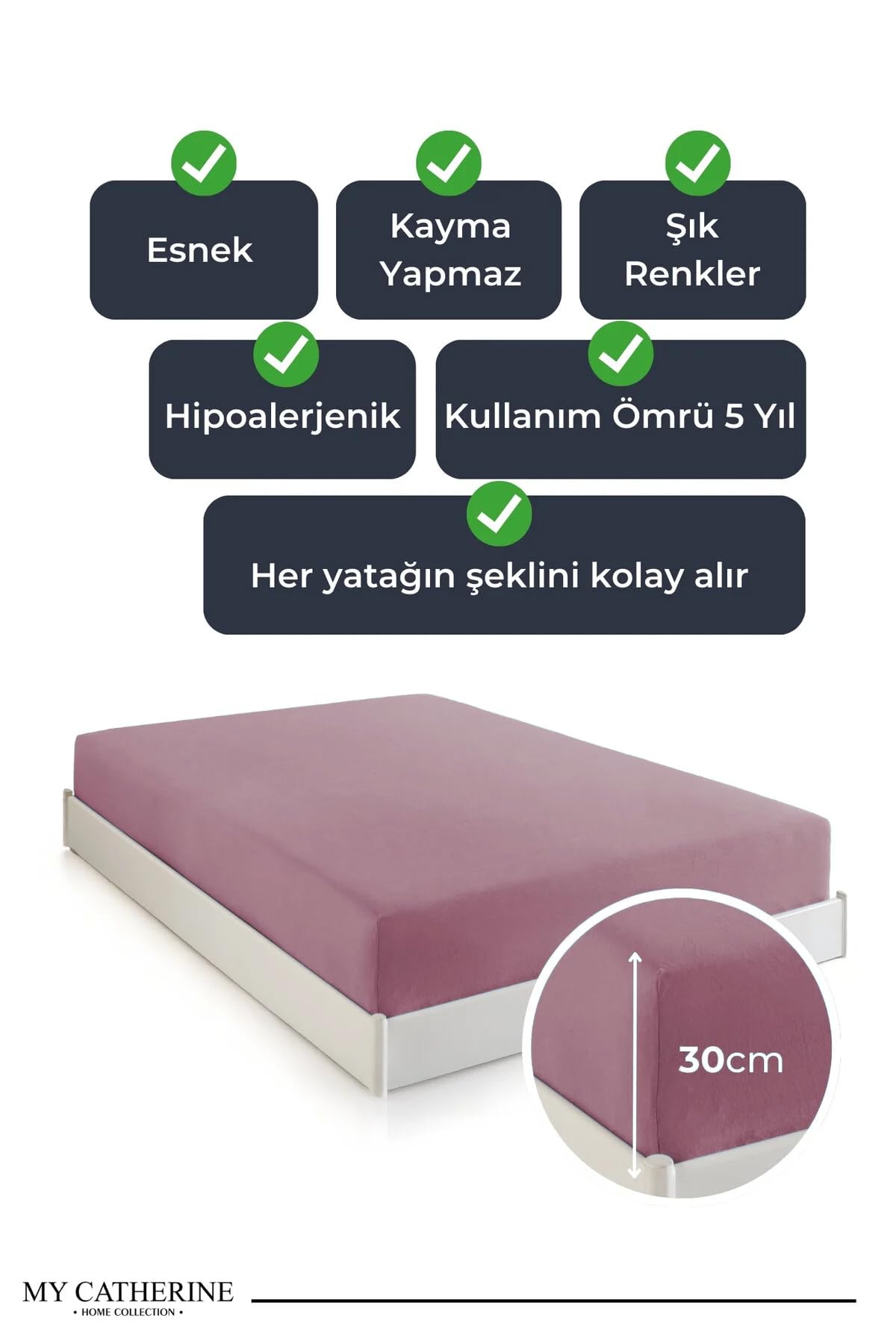 My Catherine Lastikli Çarşaf Hipoalerjenik%100 Pamuk Penye Kumaş Lila 160x200 Çift Kişilik, LUXCARSAF