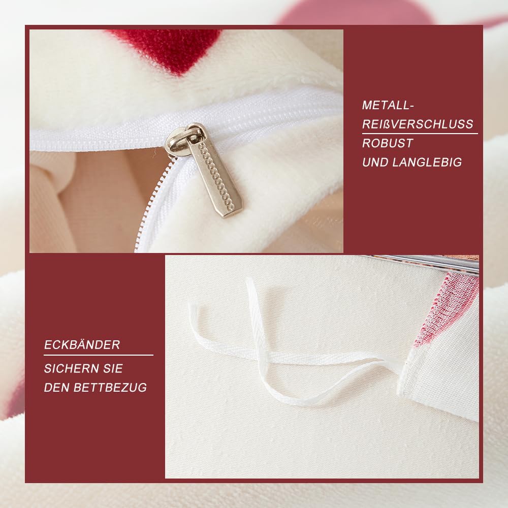 Flanell Bettwäsche 135x200 Herzen Rot Weiß Winter Biber Plüsch Winterbettwäsche 4teilig, 2 Warme Flauschig Cashmere Touch Bettbezug und 2 Kissenbezug 80x80 mit Reißverschluss