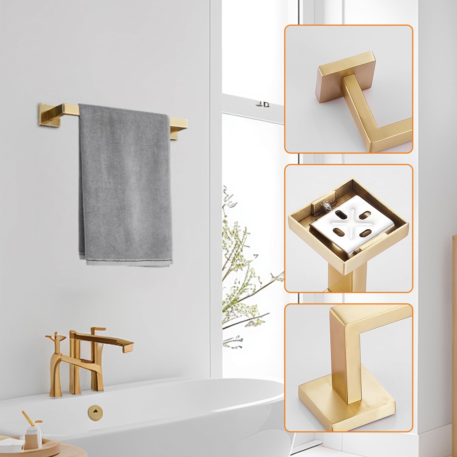 Badezimmer-Hardware-Set, 61 cm, Handtuchstange, 2 Handtuchhaken, Toilettenpapierhalter, Handtuchhalter, Edelstahl, gebürstetes Gold, Badezimmer-Zubehör GTS3190BG