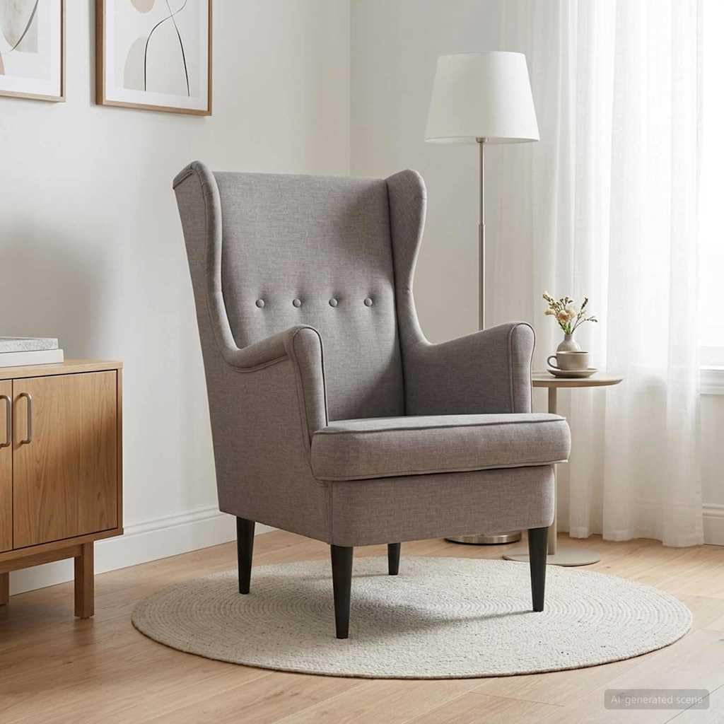 Poltrona moderna in tessuto talpa con telaio in metallo e legno di
