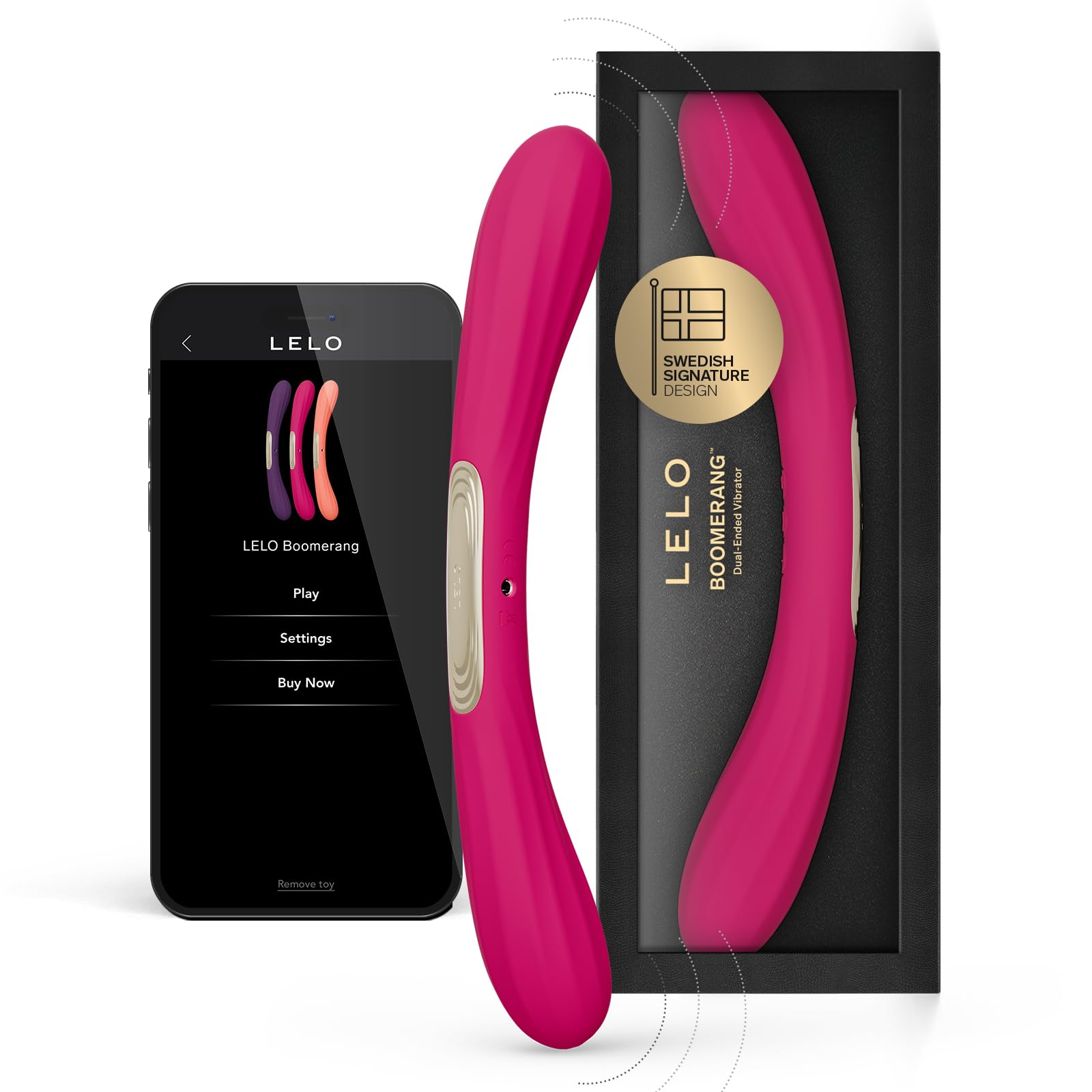 LELO BOOMERANG Vibratore a Doppia Estremità per Coppie con App Bluetooth e 10 Modalità di Piacere, Vibratore Doppia Penetrazione, Cerise