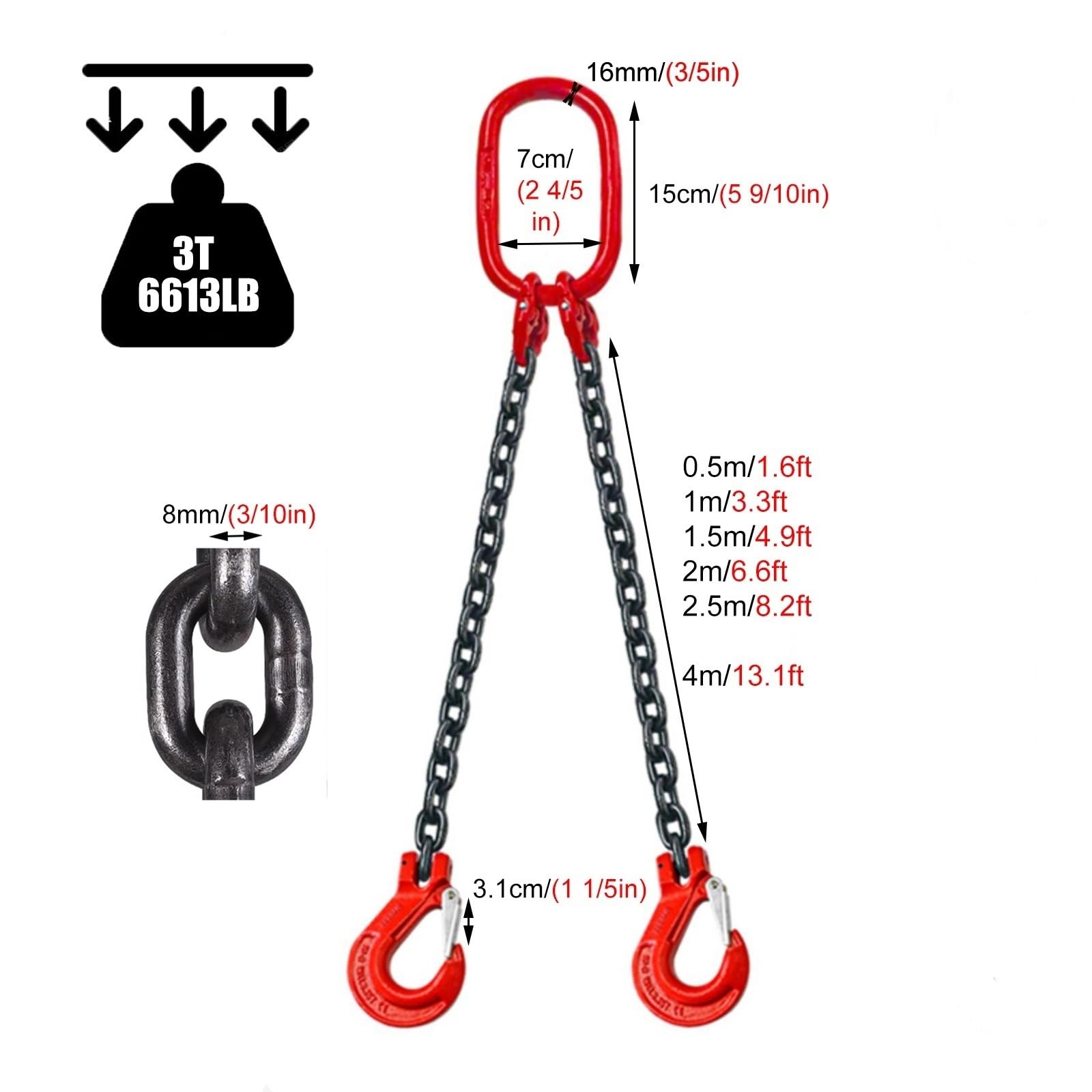 Grade 80 5/16 Lifting Chain Hooks, 1 3 5 7 8 13 Feet Chain Slings for Engine Chain Hoist Lifts, Lift Chain Sling with Butterfly Style Buckle(Load 3 Ton L 1.5 M (4.9 FT) 2 Hook)