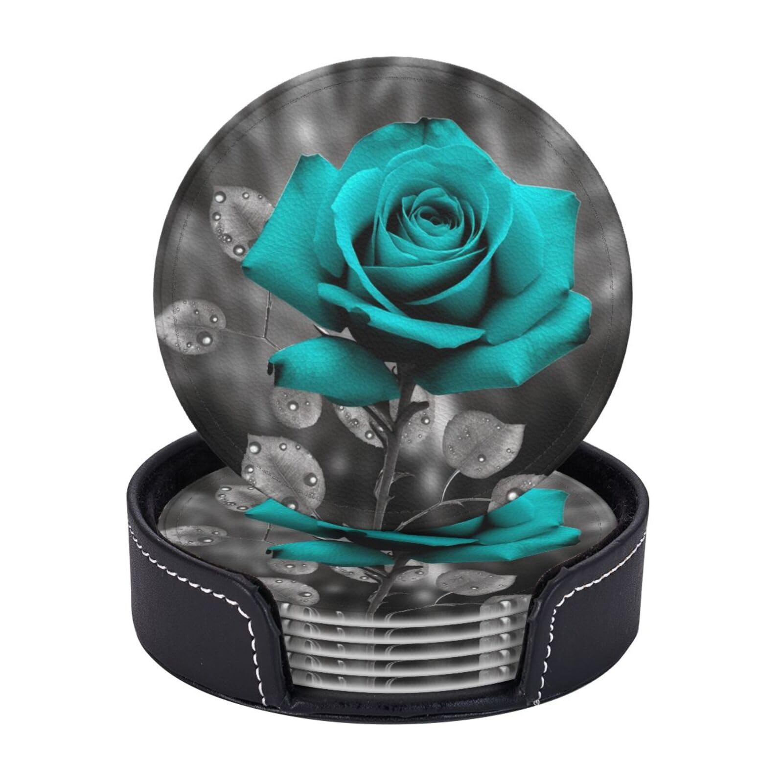 Round Coasters for Drinks Set of 6 - PU Leather Coasters with Holder - Modern Drink Coasters for Coffee Table - Teal Grey Rose Coaster for Tabletop Protection 4" Cup Mat Pad