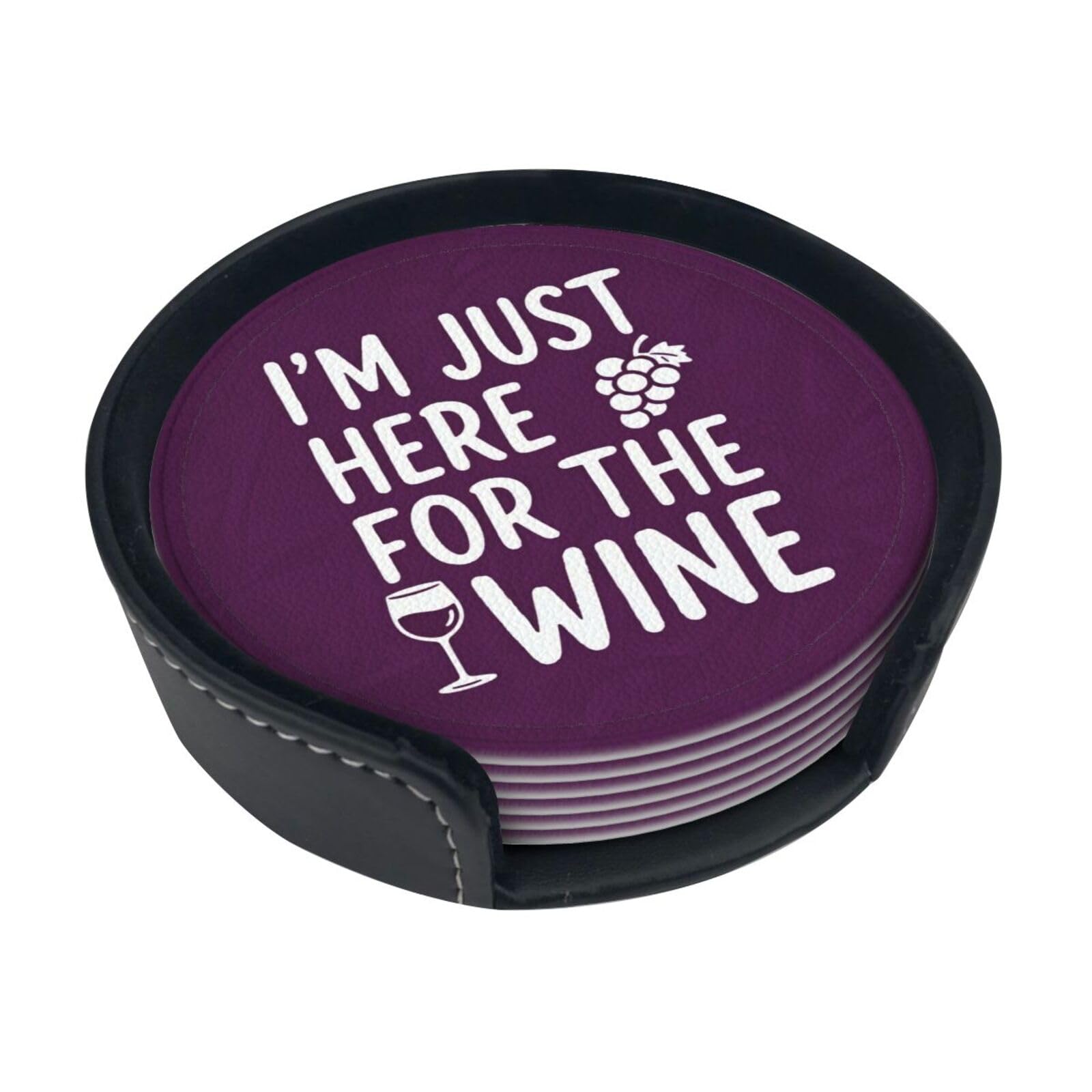 Cntdbu White Here For Wine Leather Coasters Set Of 6-Pu Leather Drink Mats For Table, Heat Resistant Round Coasters With Holder