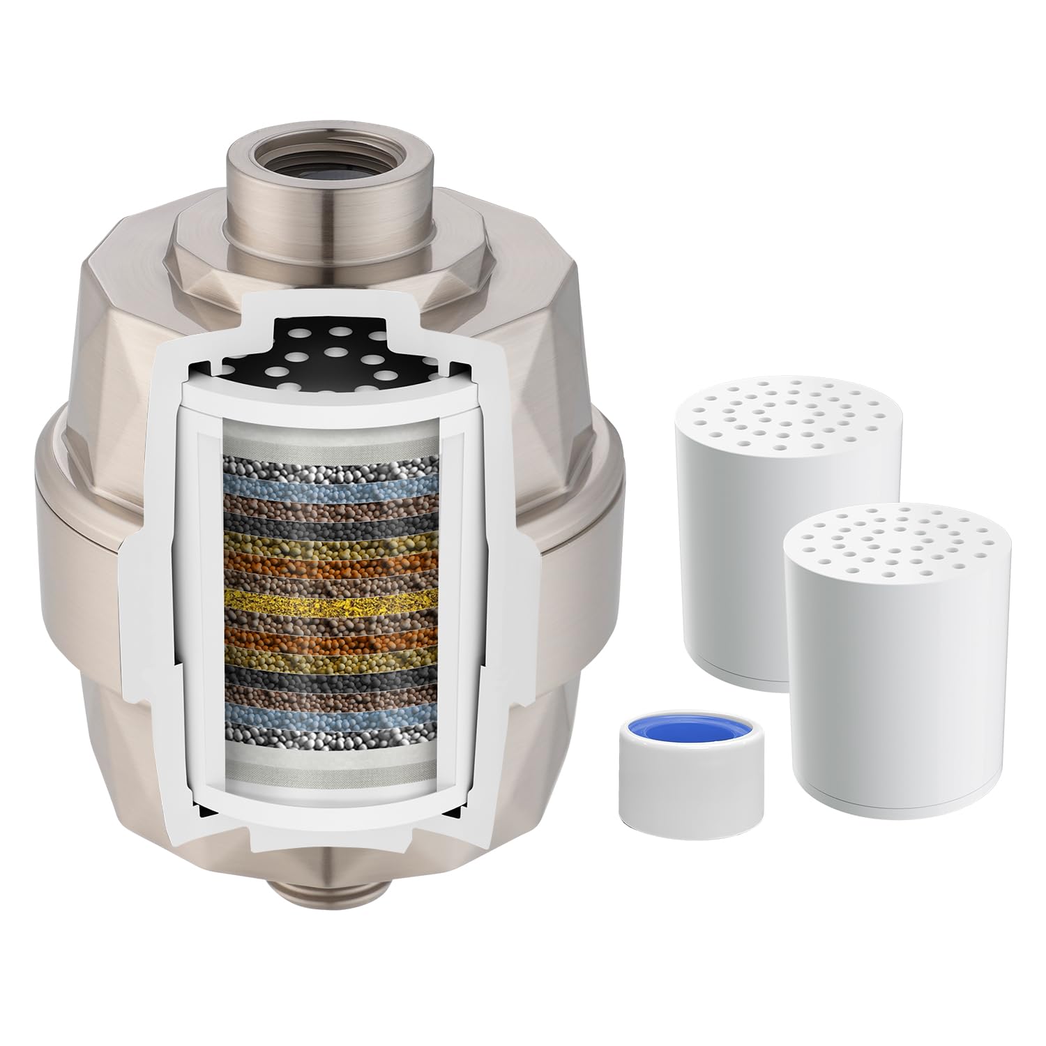 Hibbent Shower Filter for Hard Water, High Output Shower Head Filter to Remove Chlorine and Fluoride, 20 Stage Showerhead Filter, Shower Filter with 2 Replaceable Filter Cartridges, Brushed