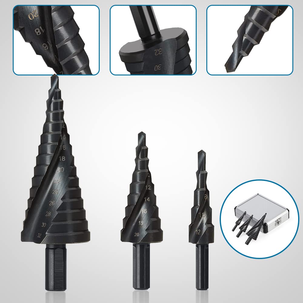 ERWEY 3 Pcs Punte Coniche 4-12/4-20/4-32mm, in Acciaio HSS, Fresa Conica Trapano a Gradini, Buco Cutter a Scalini per Eseguire Foro In Metallo Acciaio Ottone Legno Plastica Ferro