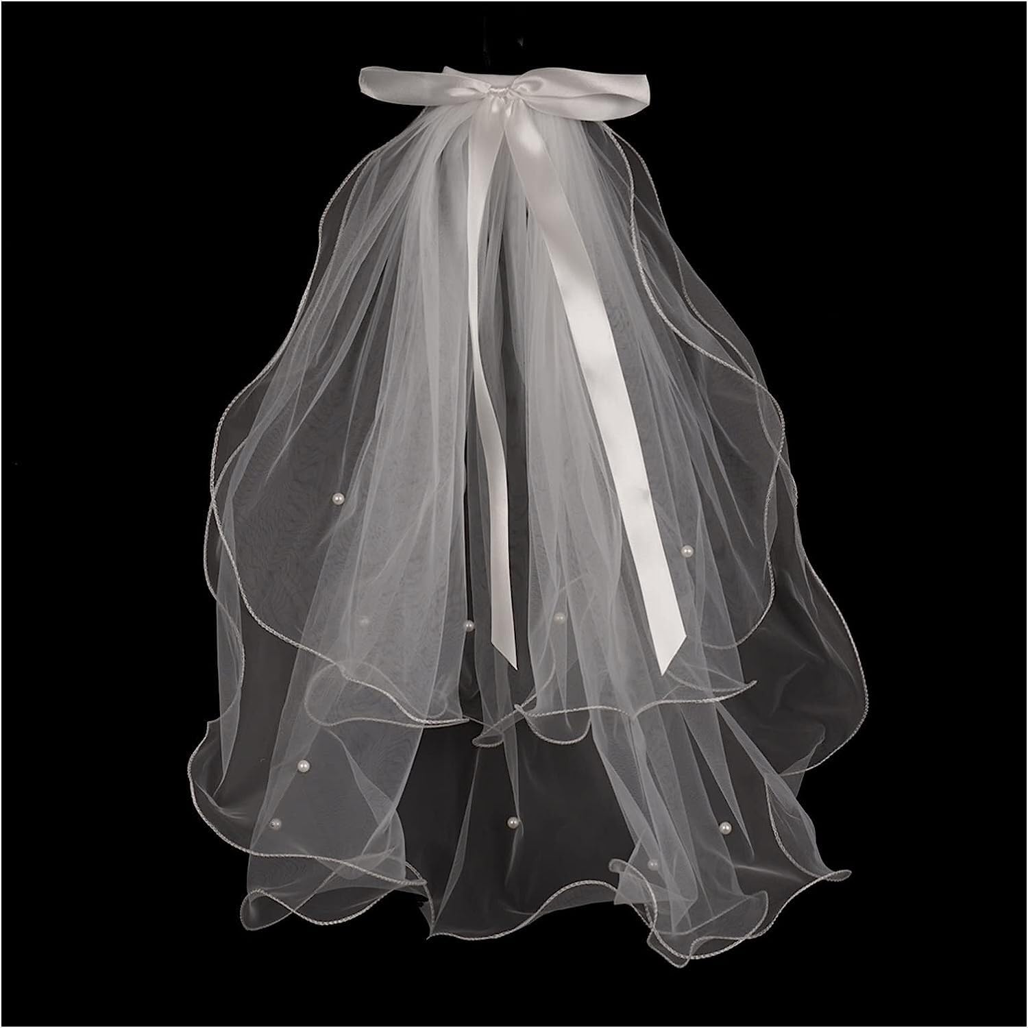 Hochzeitszubehör Schleier, Spitzen-Hochzeitsschlei Kurzer Brautschleier aus Tüll mit Kamm und Perlenkante, zweilagig, 45 cm, schulterlang, Hochzeitsaccessoires, Hochzeitsschleier