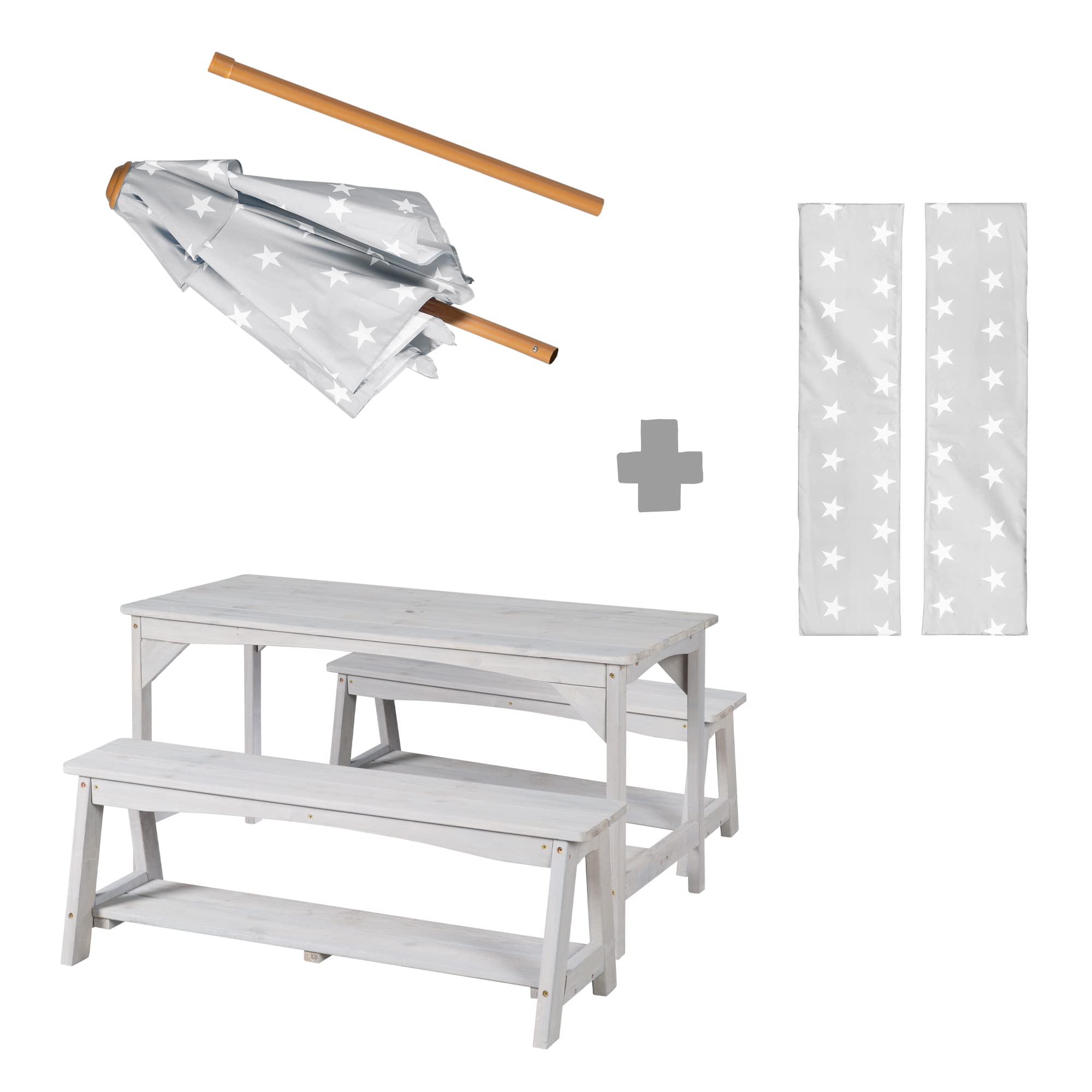 roba Set di Sedute per Bambini Picnic con Tavolo, 2 Panche, Ombrellone e Cuscini – Legno Grigio