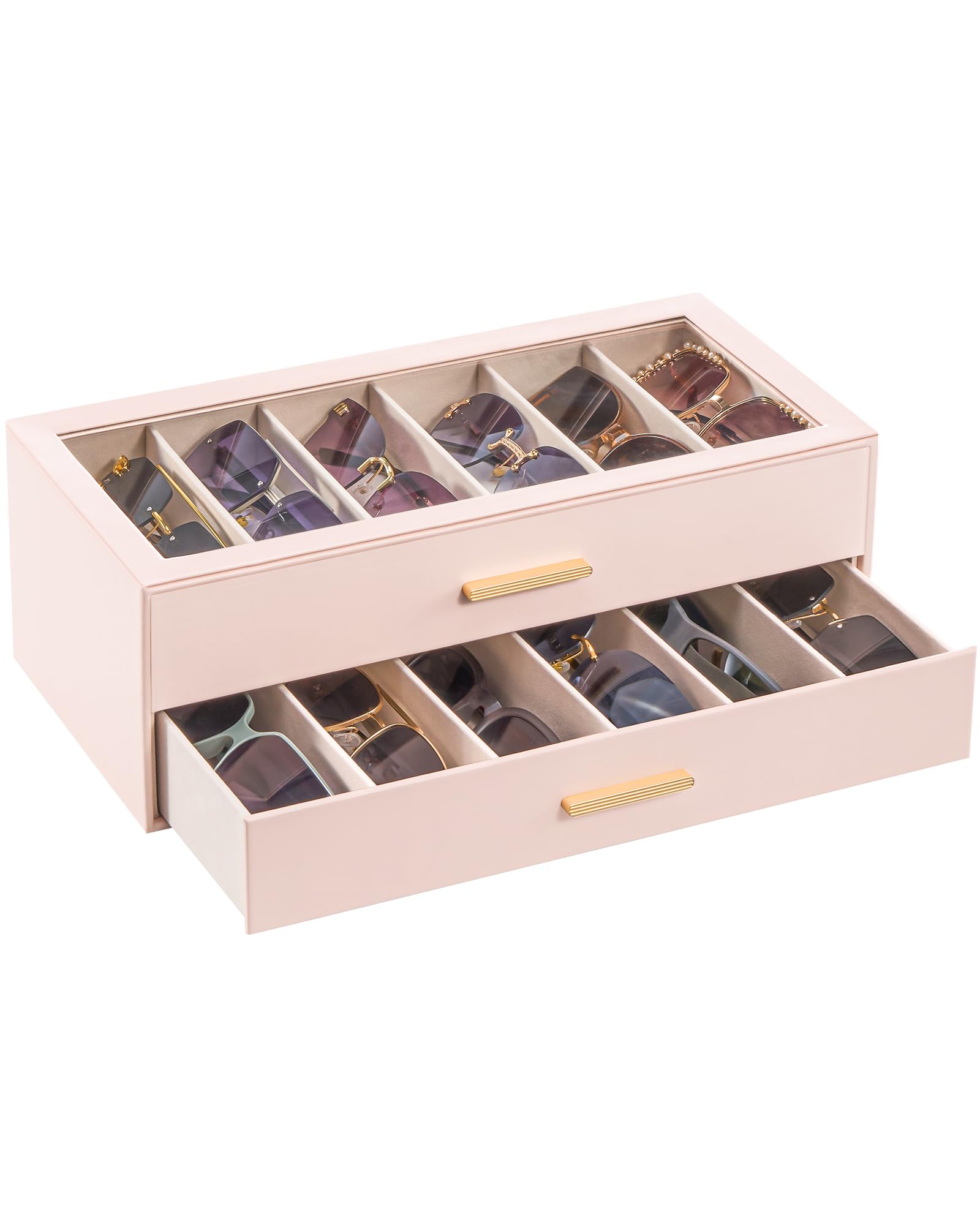 Lolalet 12 Slots Sunglasses Organizer, 2-Layer Sunglass Box with Transparent Glass Lid Display Case Storage Holder for Eyewear Eyeglass Multiple Pairs Glasses -Pink