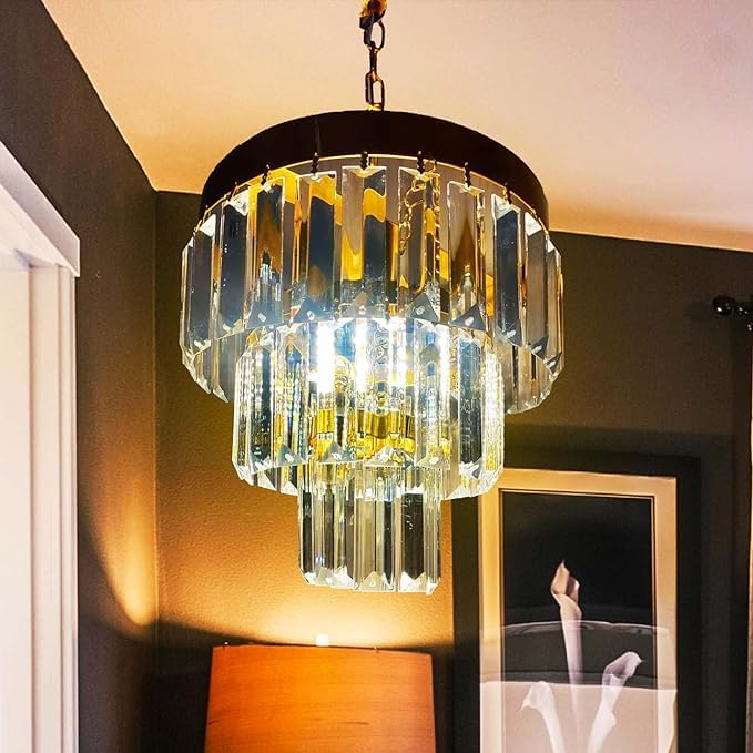 Image of 9 Inches Round Crystal Chandelier | Jhumar for Home Decoration | Crystal Jhoomer for Ceiling | Golden | (Bulb Included)