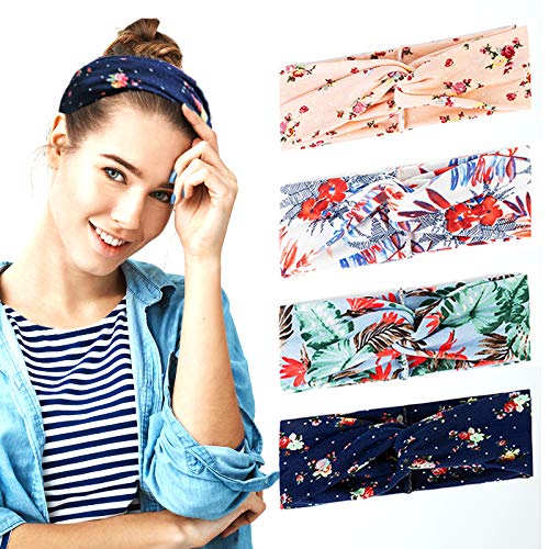 Boho Headbands For Women , Headwrap Yoga ,Floral Vintage Twisted Criss Cross Elastic Head Wrap Hair Accessories(Pack of 4)