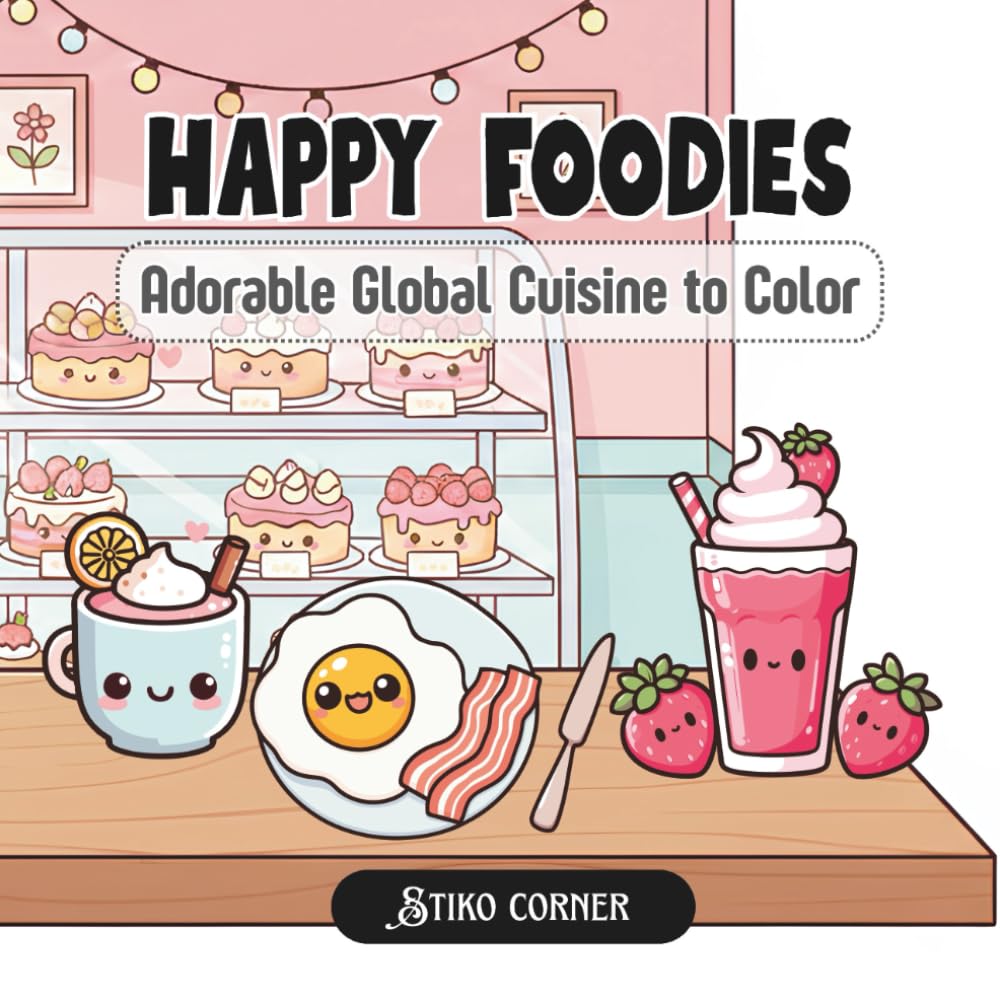 Happy Foodies: A Cozy and Delightful Coloring Book for Adults & Teens Featuring Adorable Kawaii Global Foods, Sweet Desserts, and Café Drinks for Relaxation and Stress Relief (Cozy & Fun Collection)