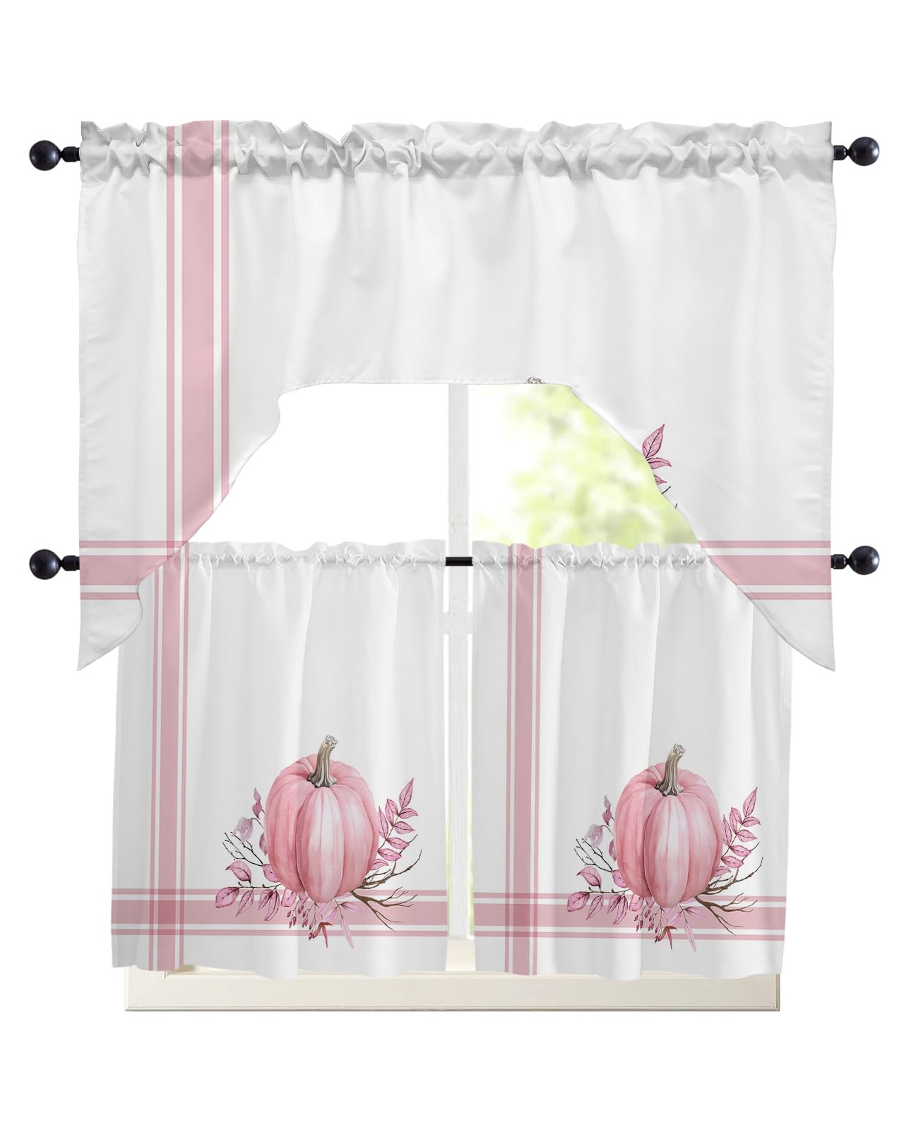Blush Pink Pumpkin Swag Kitchen Curtain Sets with Valance,3 Pieces Rod Pocket Curtain Drapes for Bedroom Living Room Bathroom Windows,Thanksgiving Eucalyptus Leaves 56''x36'' & 24''x27.5''x2Panels