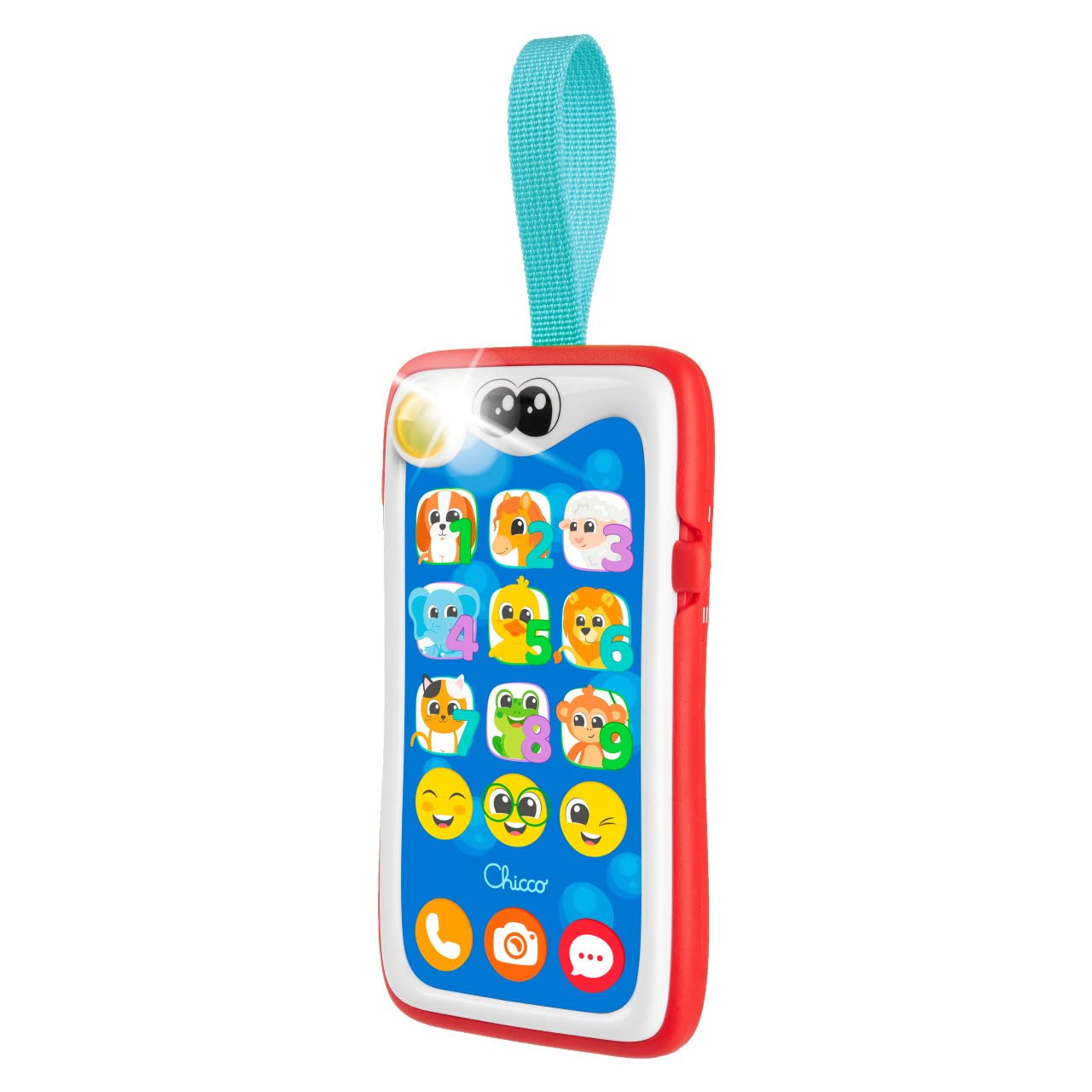 Chicco Smiley smartfon, dwujęzyczny, hiszpański/angielski, dydaktyczny dla dzieci, głośnik, interaktywna zabawka, membrana dotykowa, ze światłami i dzwonkiem, od 6 miesięcy do 3 lat