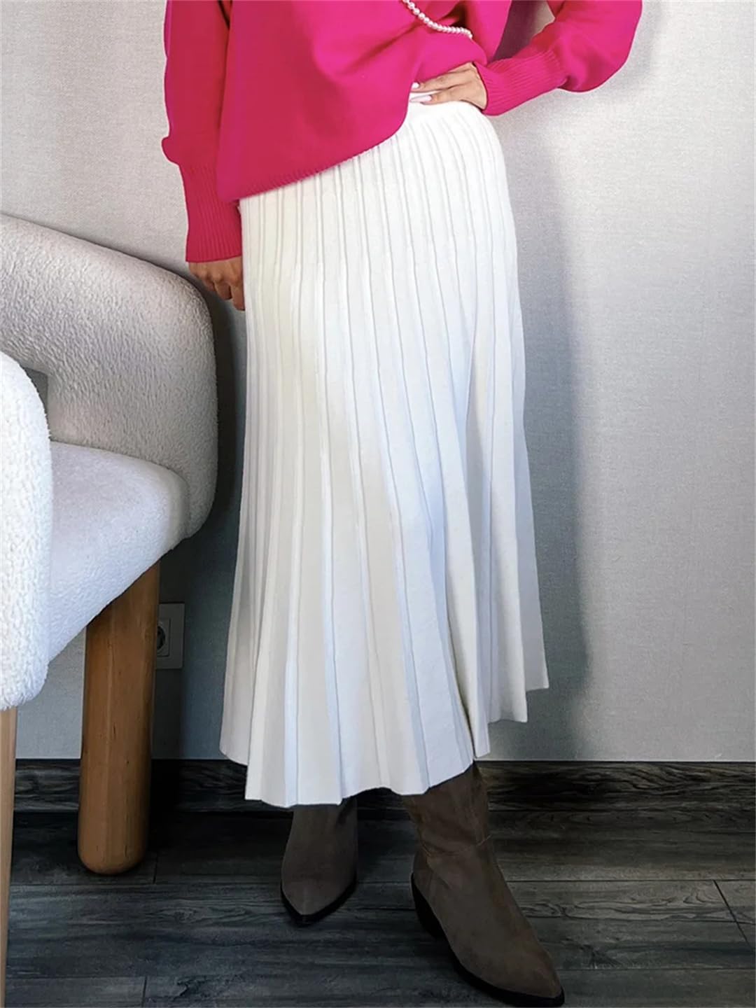Falda plisada de punto para mujer, cintura elástica larga, falda midi lisa para otoño e invierno