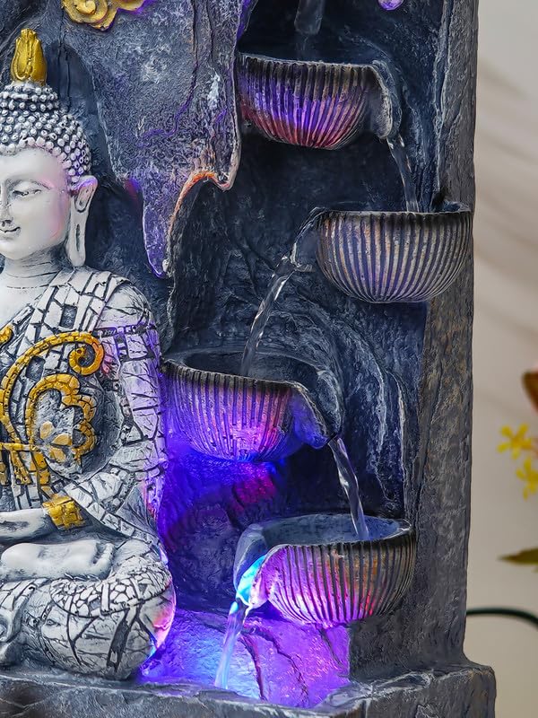 Image of Grey Polyresin Tabletop Designer 4 Step Indoor Water Fountain for Home Decor with LED, Speed Control Pump (Size: 26 x 18 x 44 CM | Weight: 2910Gram)