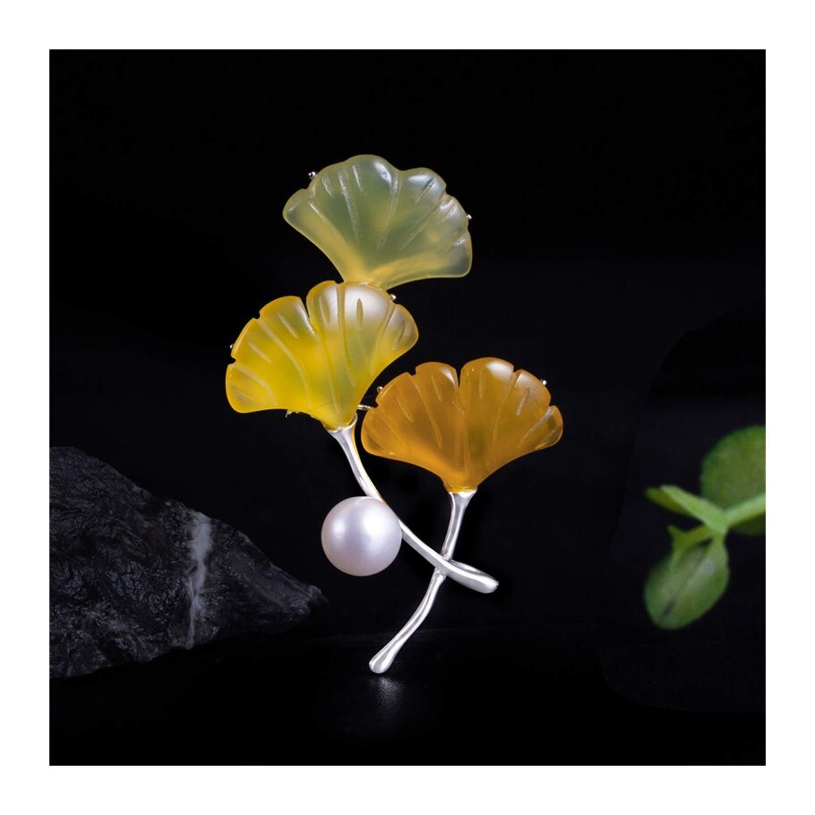 ZHSHYS Broschen für Damen, Ginkgo-Blatt-Brosche, Elegante Perlen-Chalcedon-Brosche, Mantel-Pullover-Brosche, Retro-Temperament-Corsage, Hochzeit, Party, Kleidung, Accessoires, modische Broschen