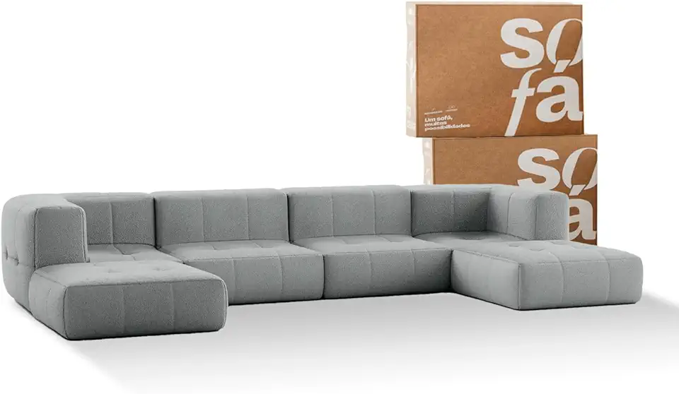 Sofá 4 lugares Modular com 2 Apoios (Puff) - Sofá na Caixa em Boucle com 6 Módulos 3,44m (Cinza)