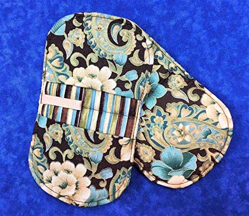 Set of 2 - Teal and Cream Flowers and Paisley with Gold on Brown Oval Shaped Pot Holders Hot Pads Microwave Mitts
